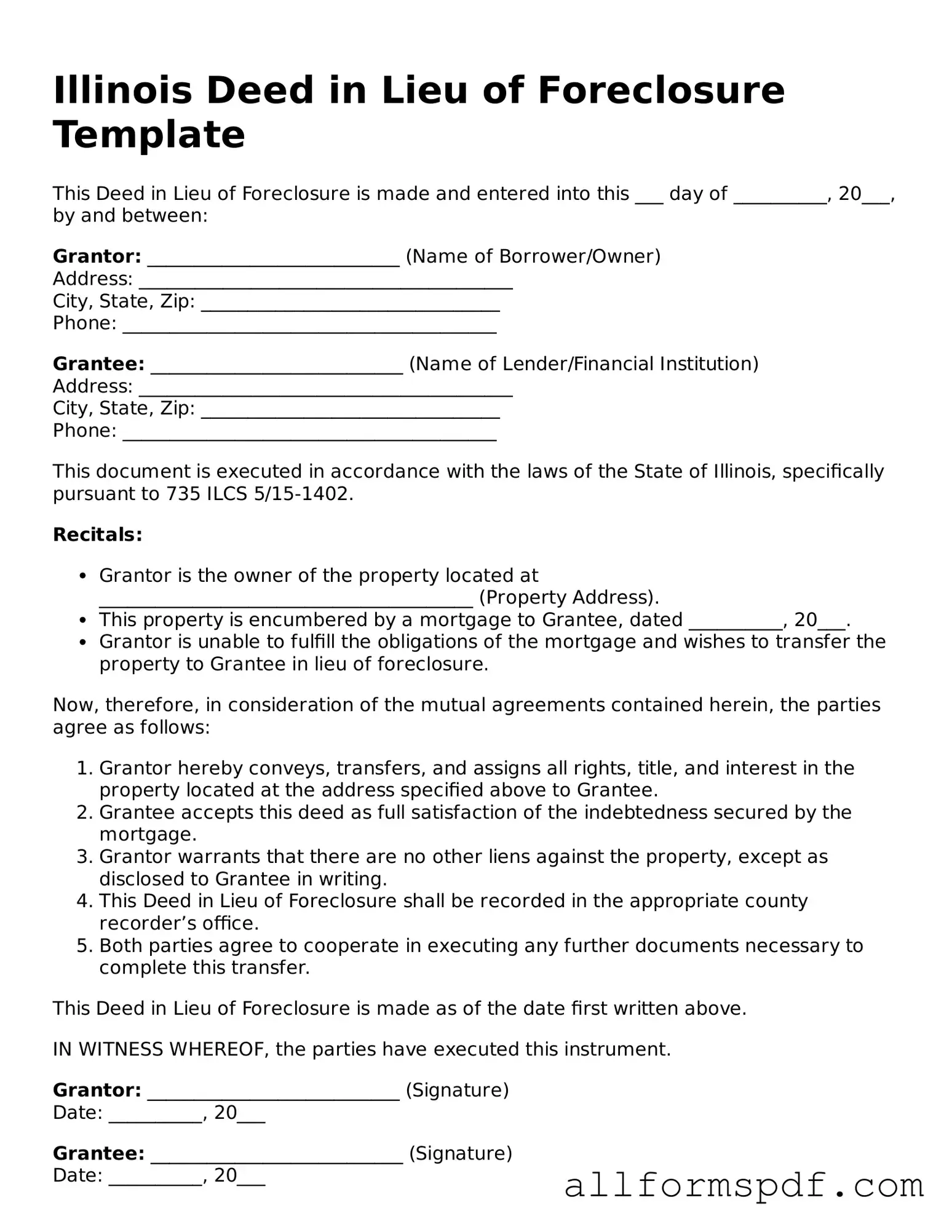 Fillable  Deed in Lieu of Foreclosure Form for Illinois