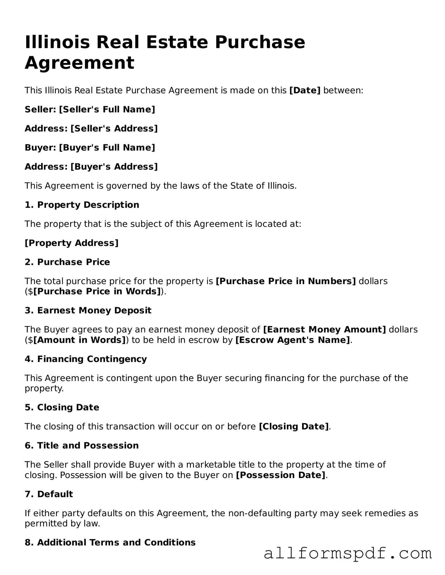Fillable Real Estate Purchase Agreement Form for Illinois