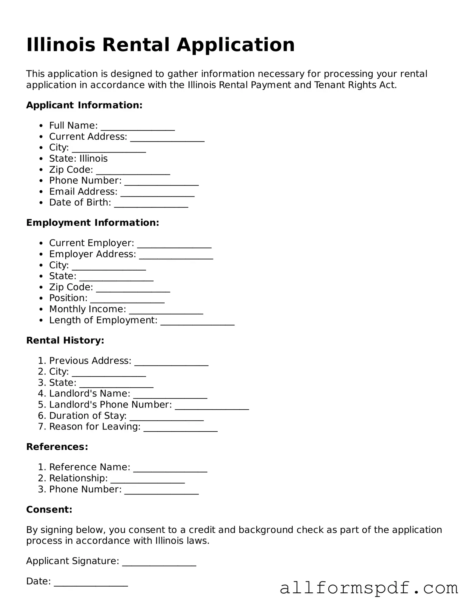 Fillable Rental Application Form for Illinois