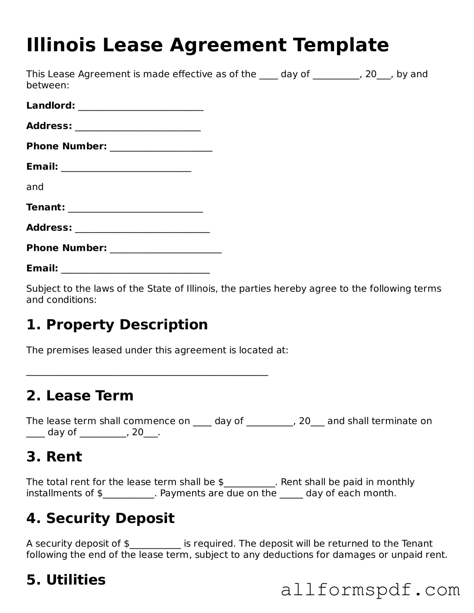 Fillable  Lease Agreement Form for Illinois