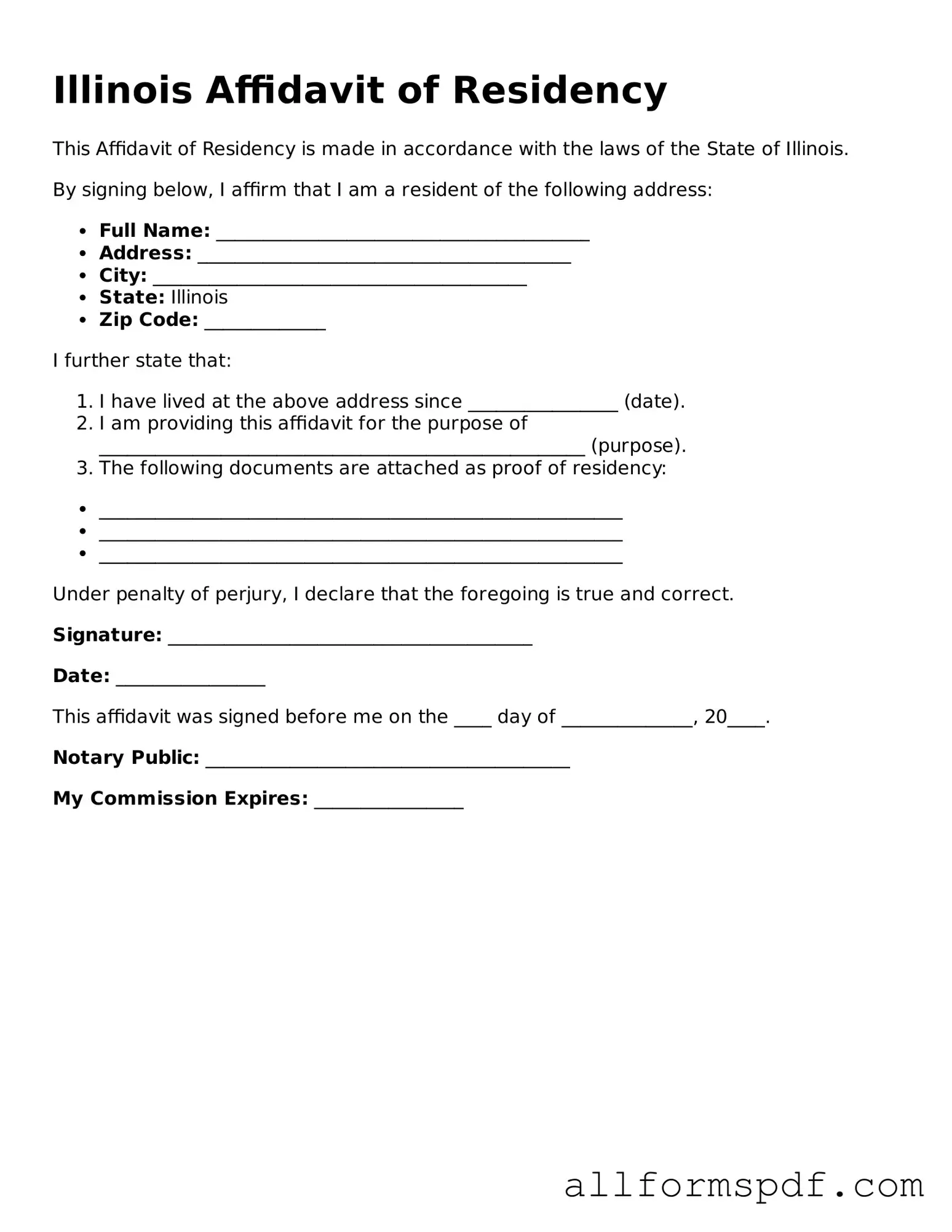 Fillable  Affidavit of Residency Form for Illinois