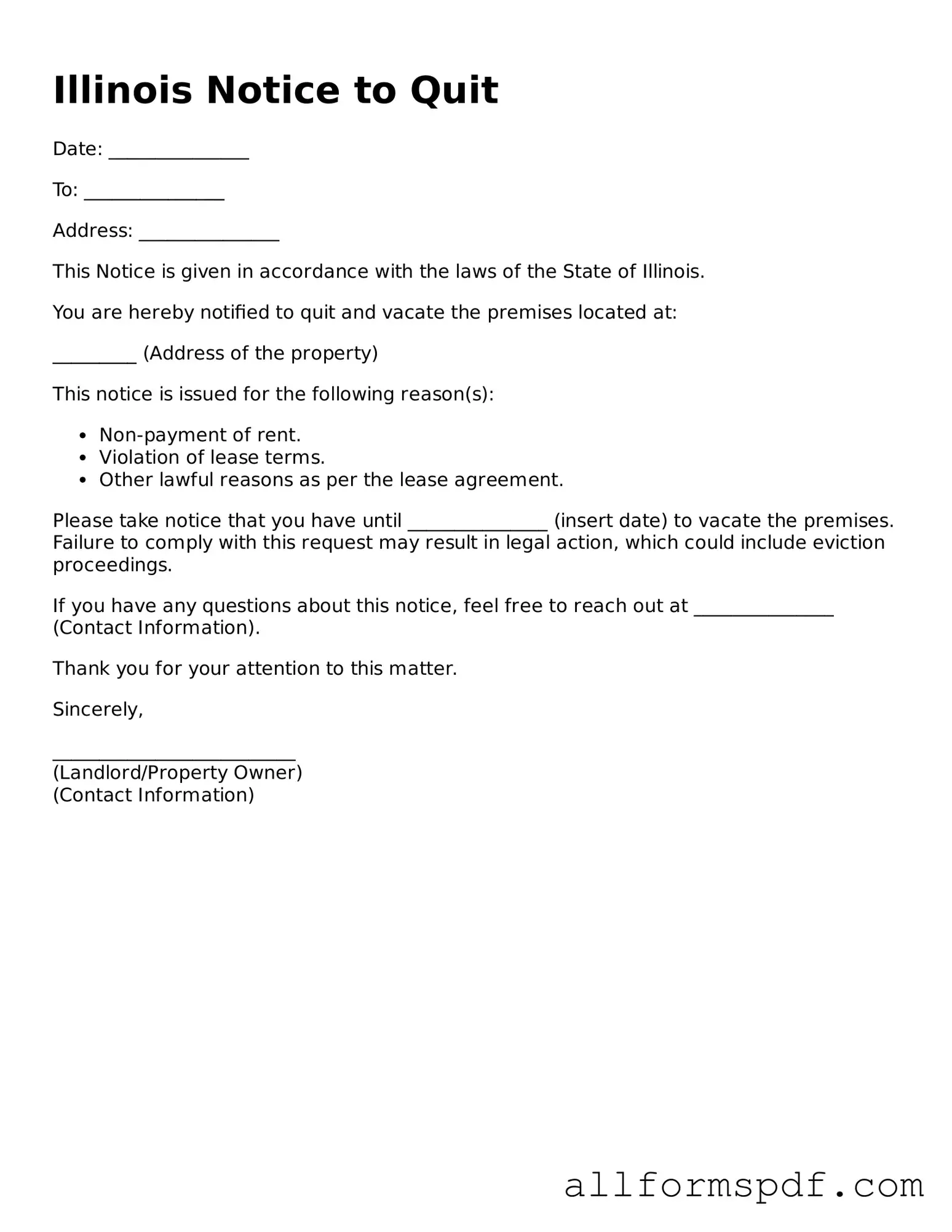 Fillable Notice to Quit Form for Illinois
