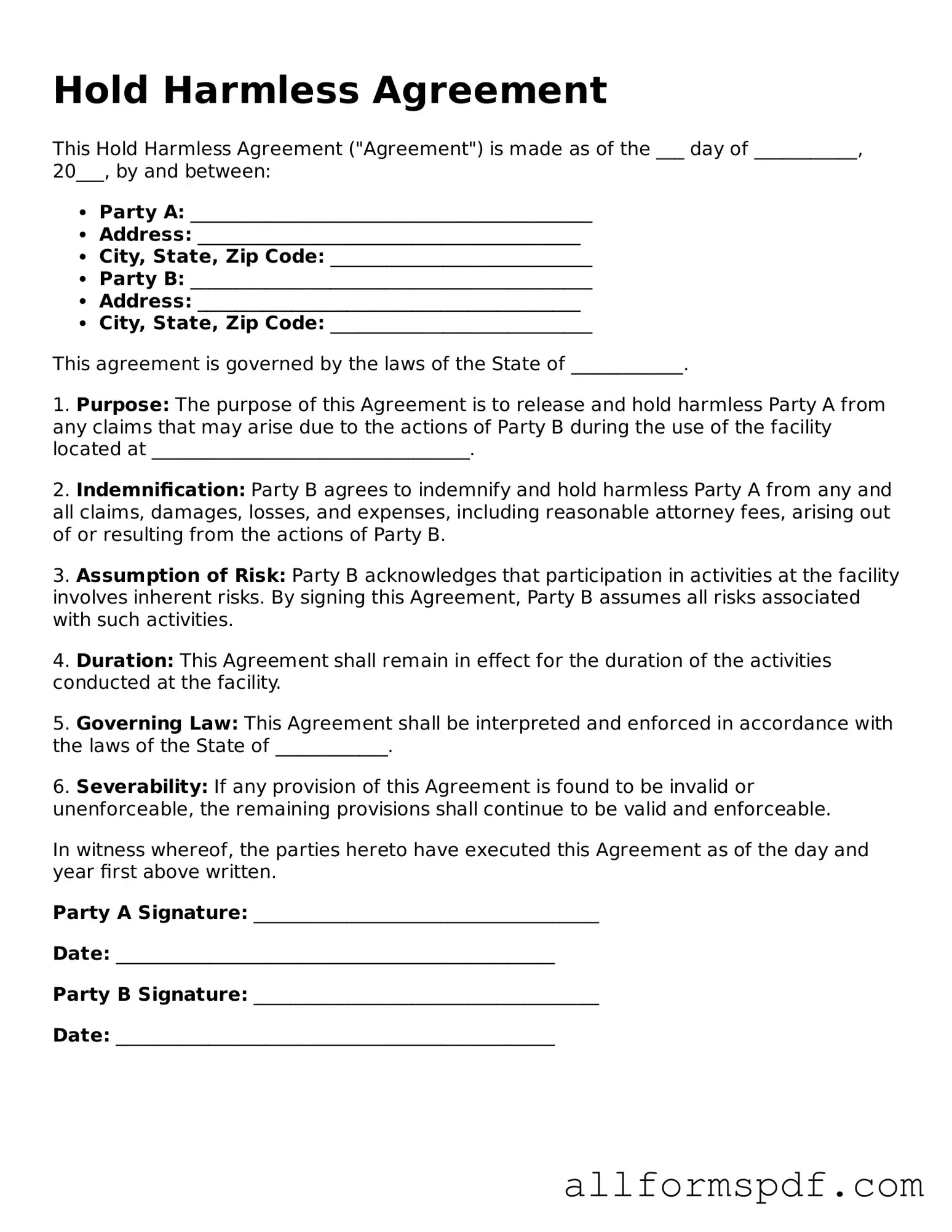 Printable Hold Harmless Agreement Form