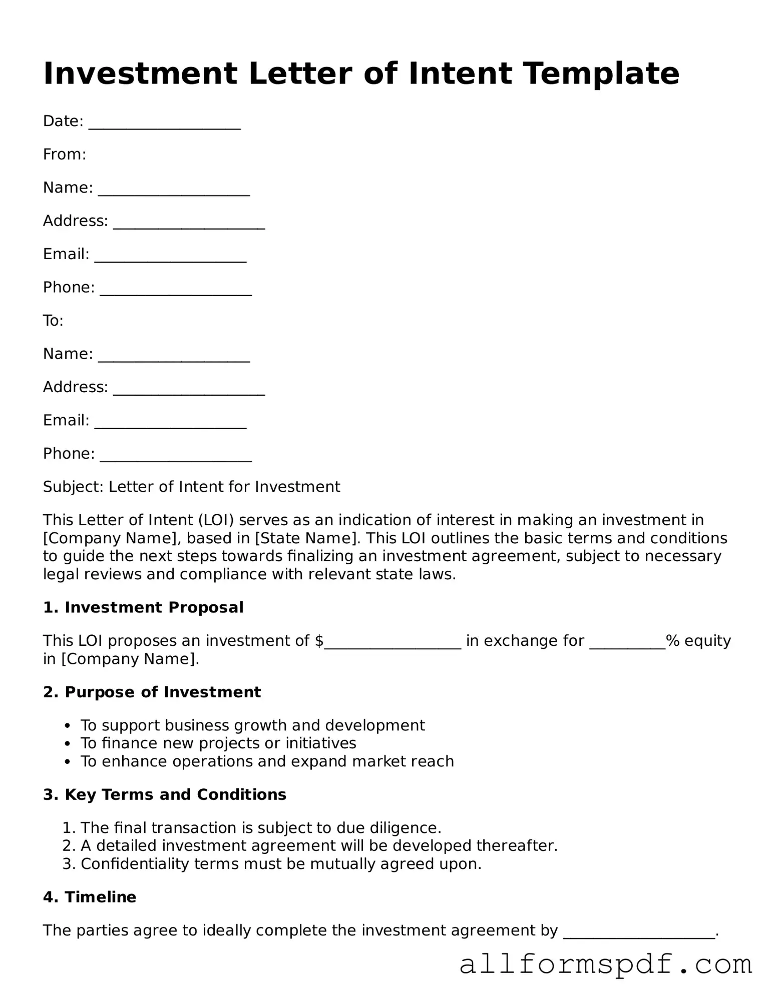 Printable Investment Letter of Intent Form