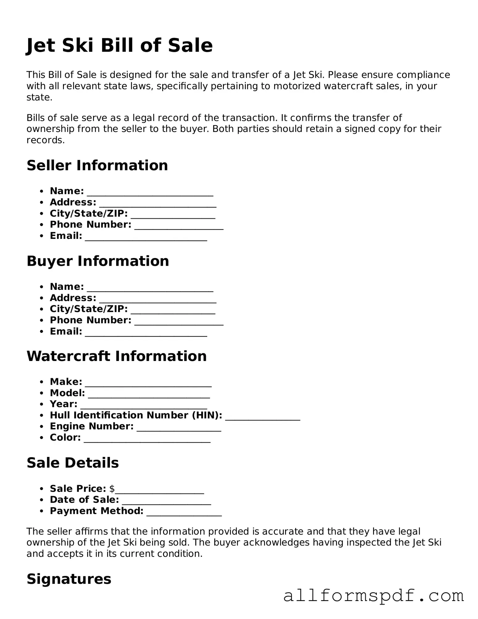 Printable Jet Ski Bill of Sale Form
