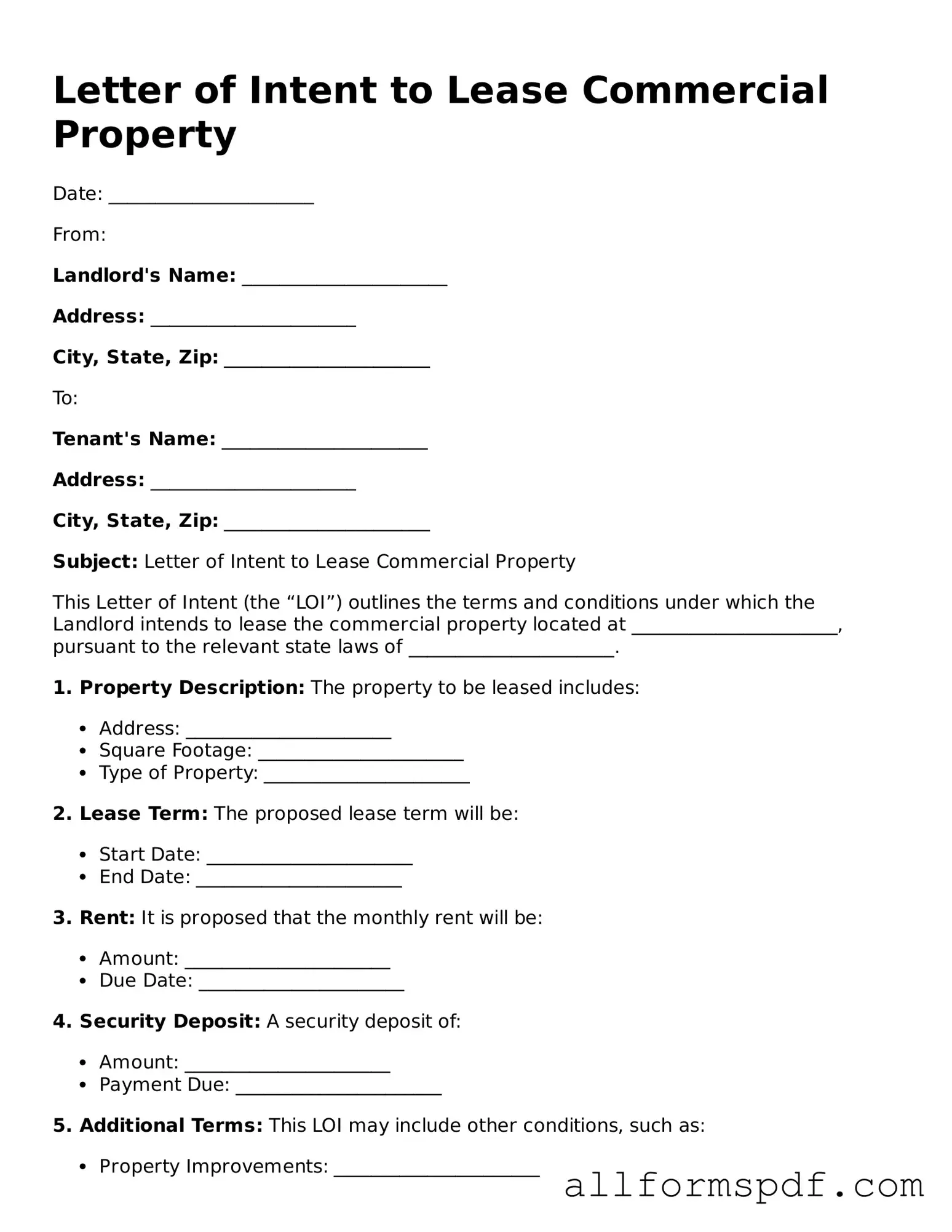 Printable Letter of Intent to Lease Commercial Property Form