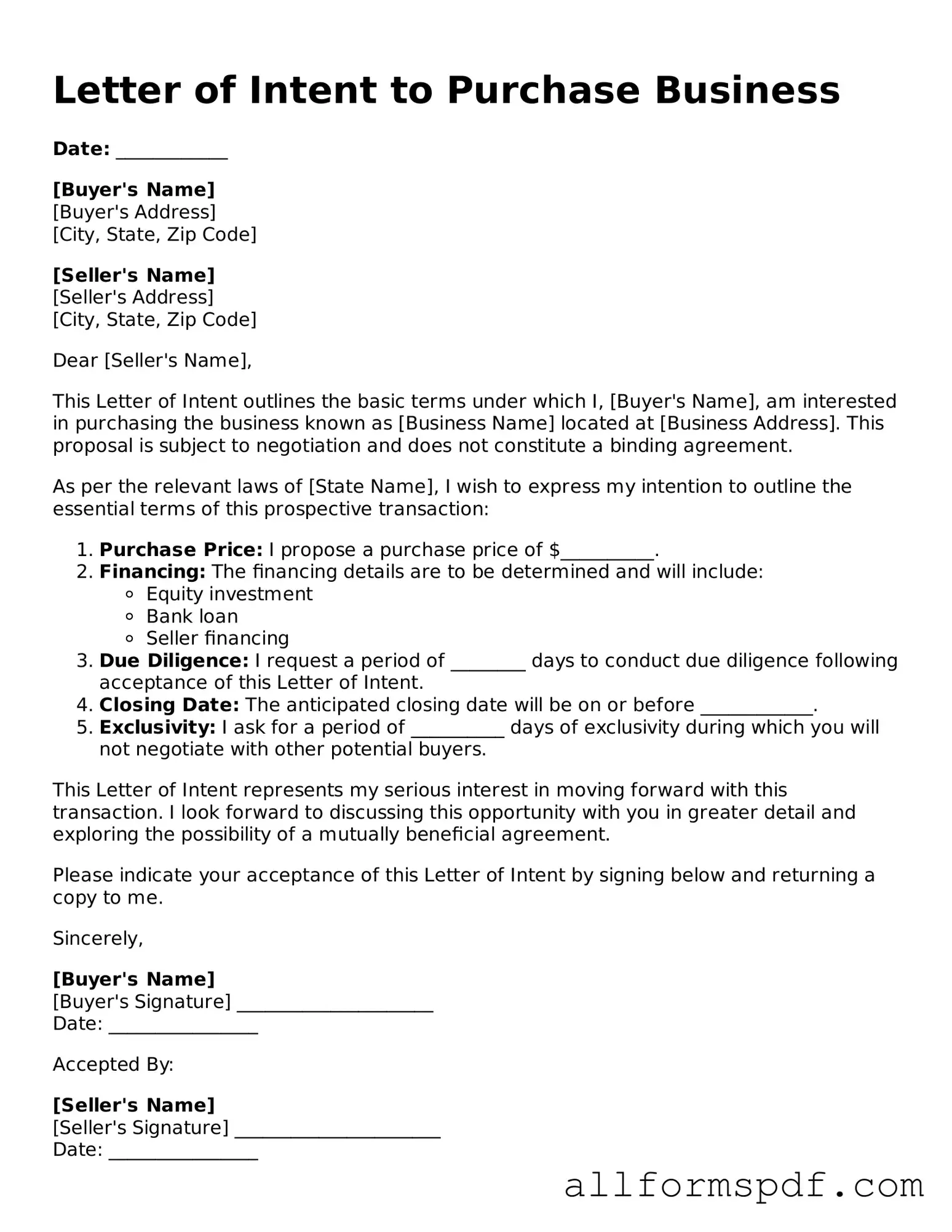 Printable Letter of Intent to Purchase Business Form