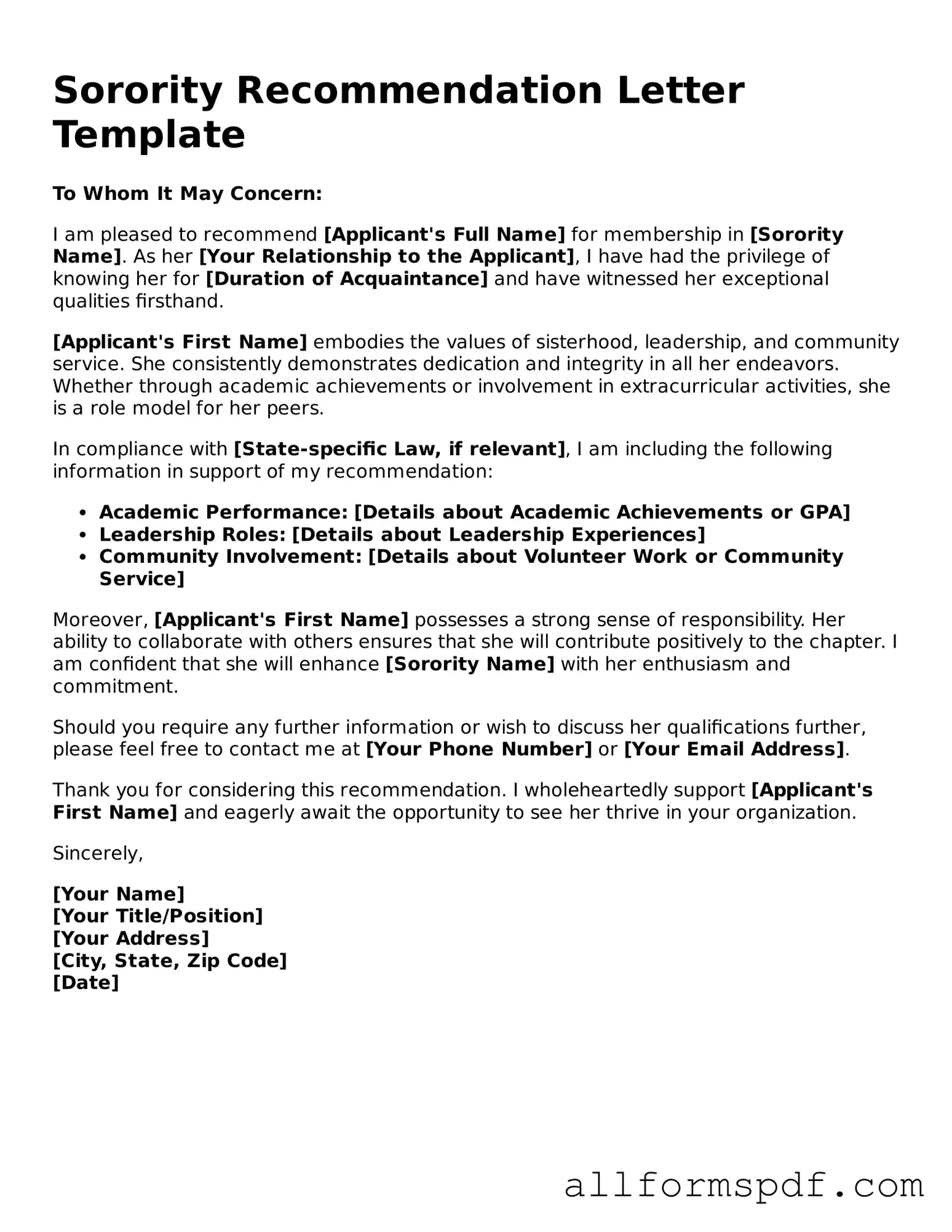 Printable Sorority Recommendation Letter Form