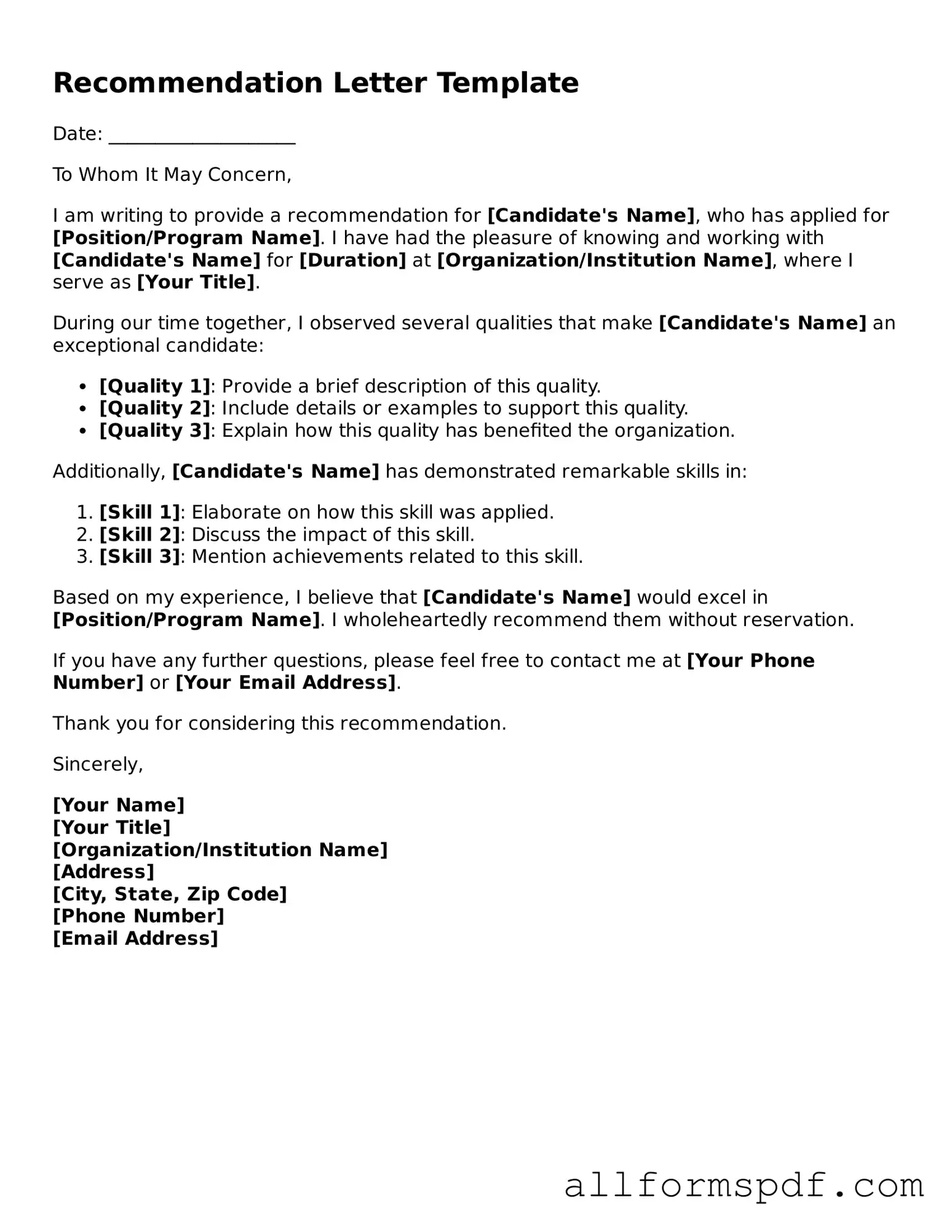 Printable Recommendation Letter Form