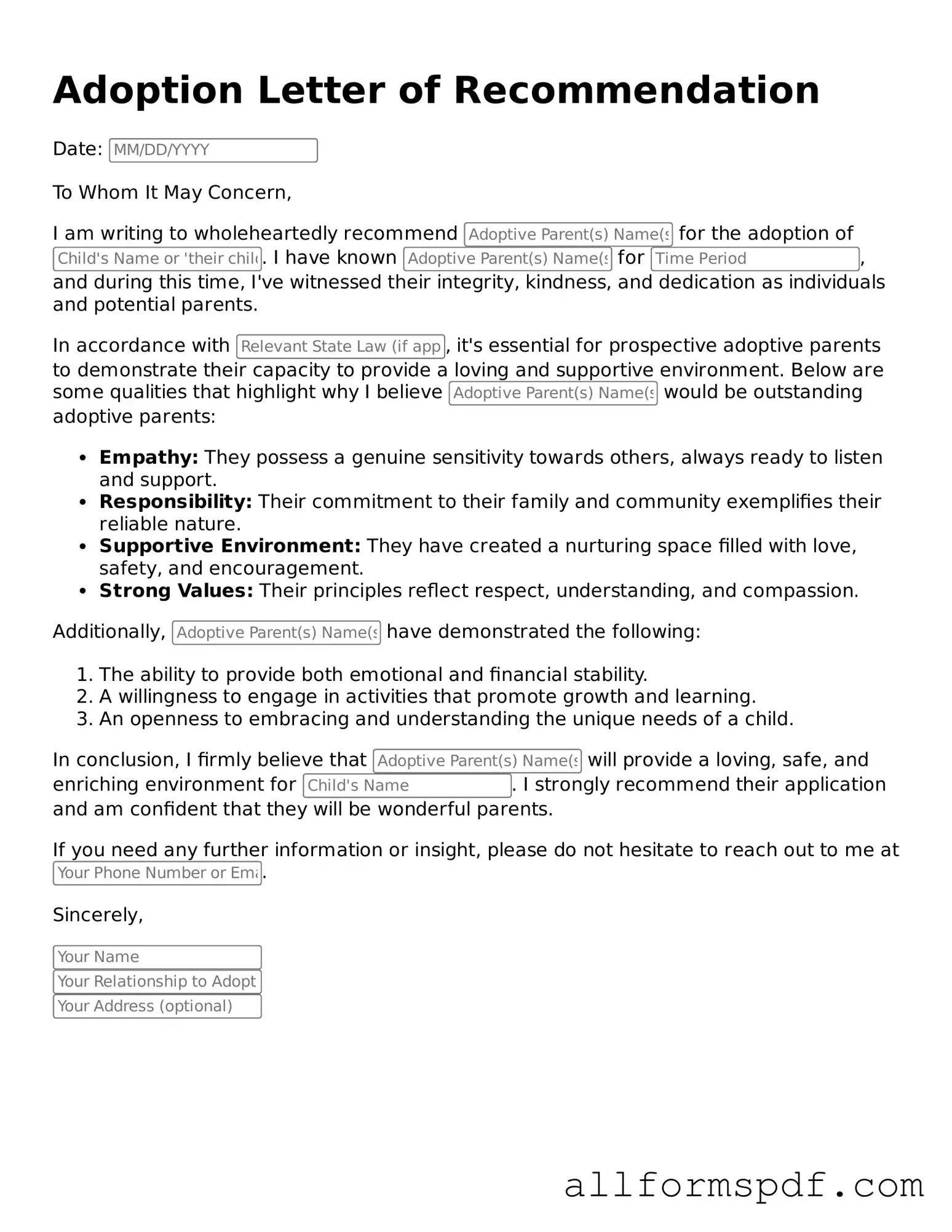 Printable Adoption Letter of Recommendation Form