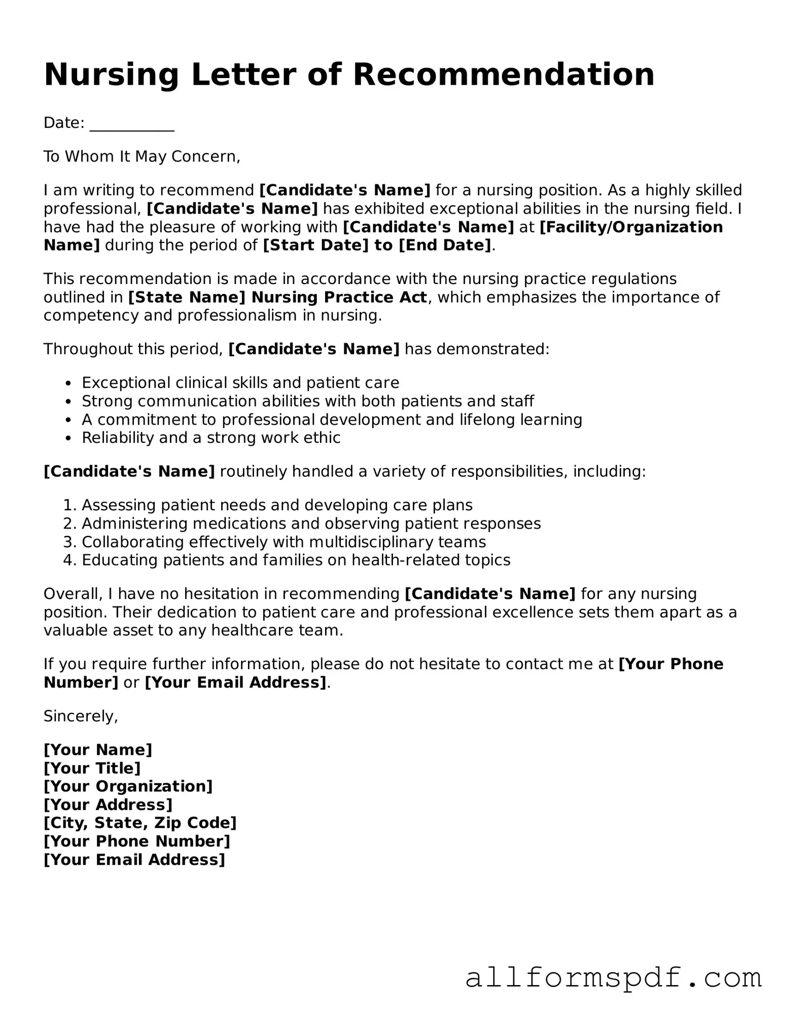 Printable Nursing Letter of Recommendation Form