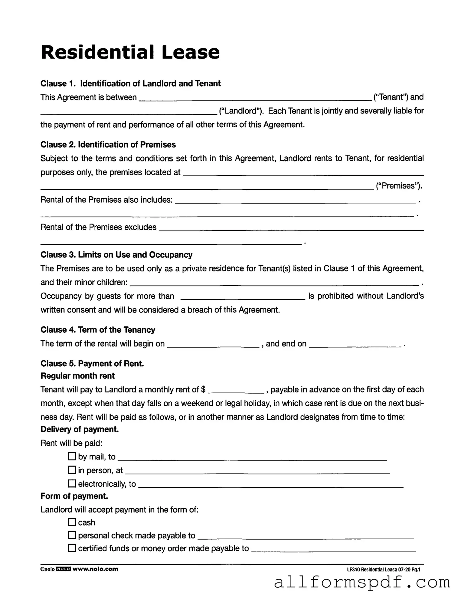 Fill Out Your Lf310 Residential Lease Form