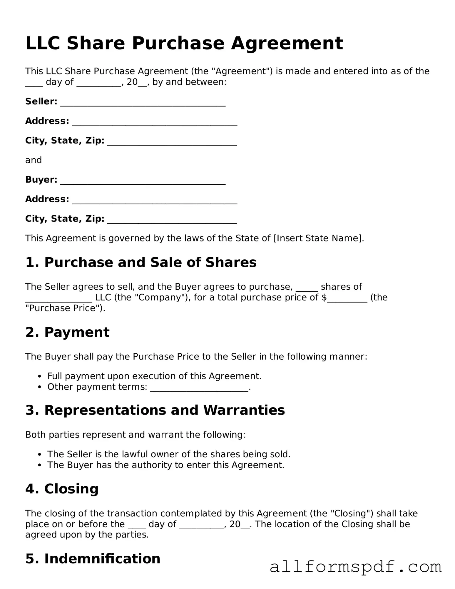 Printable LLC Share Purchase Agreement Form