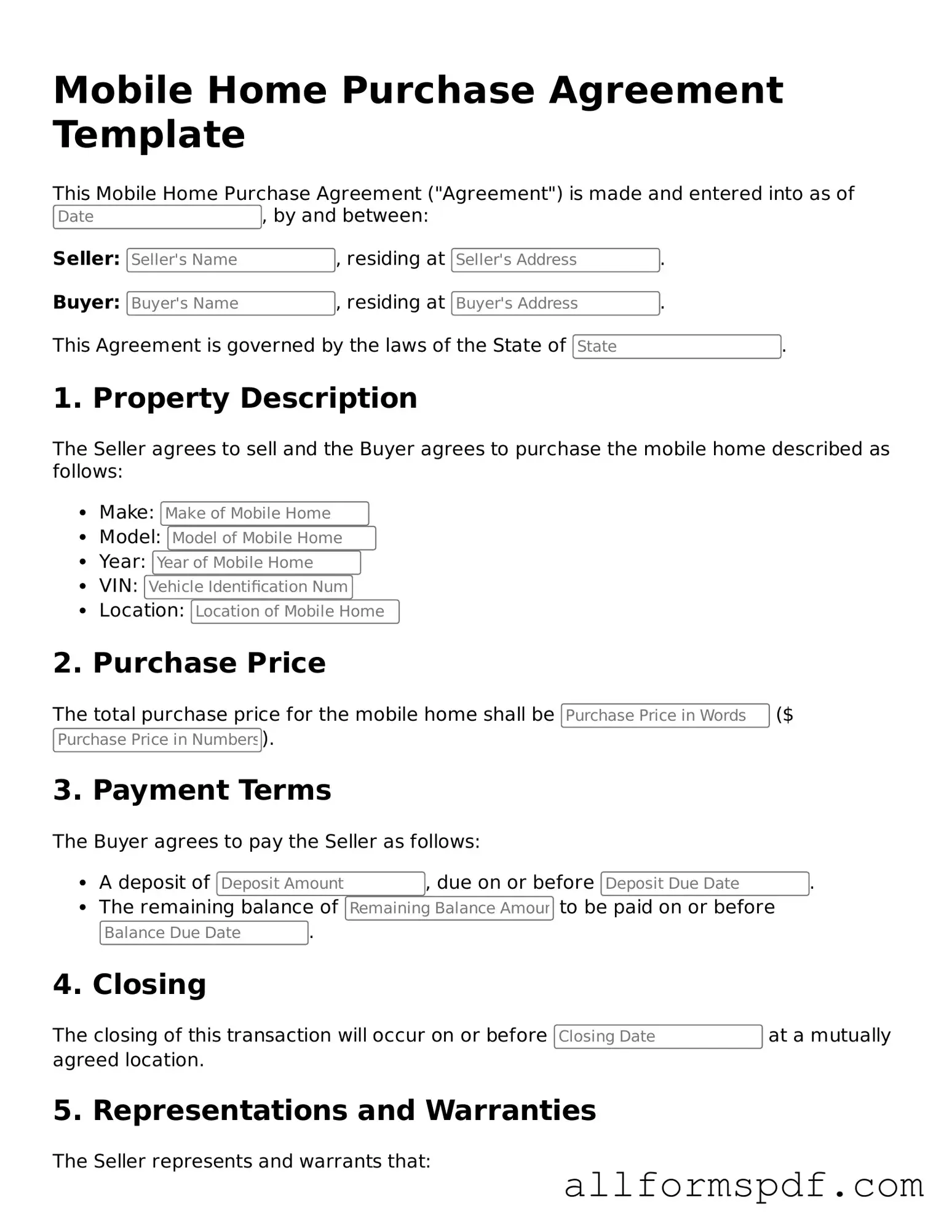 Printable Mobile Home Purchase Agreement Form