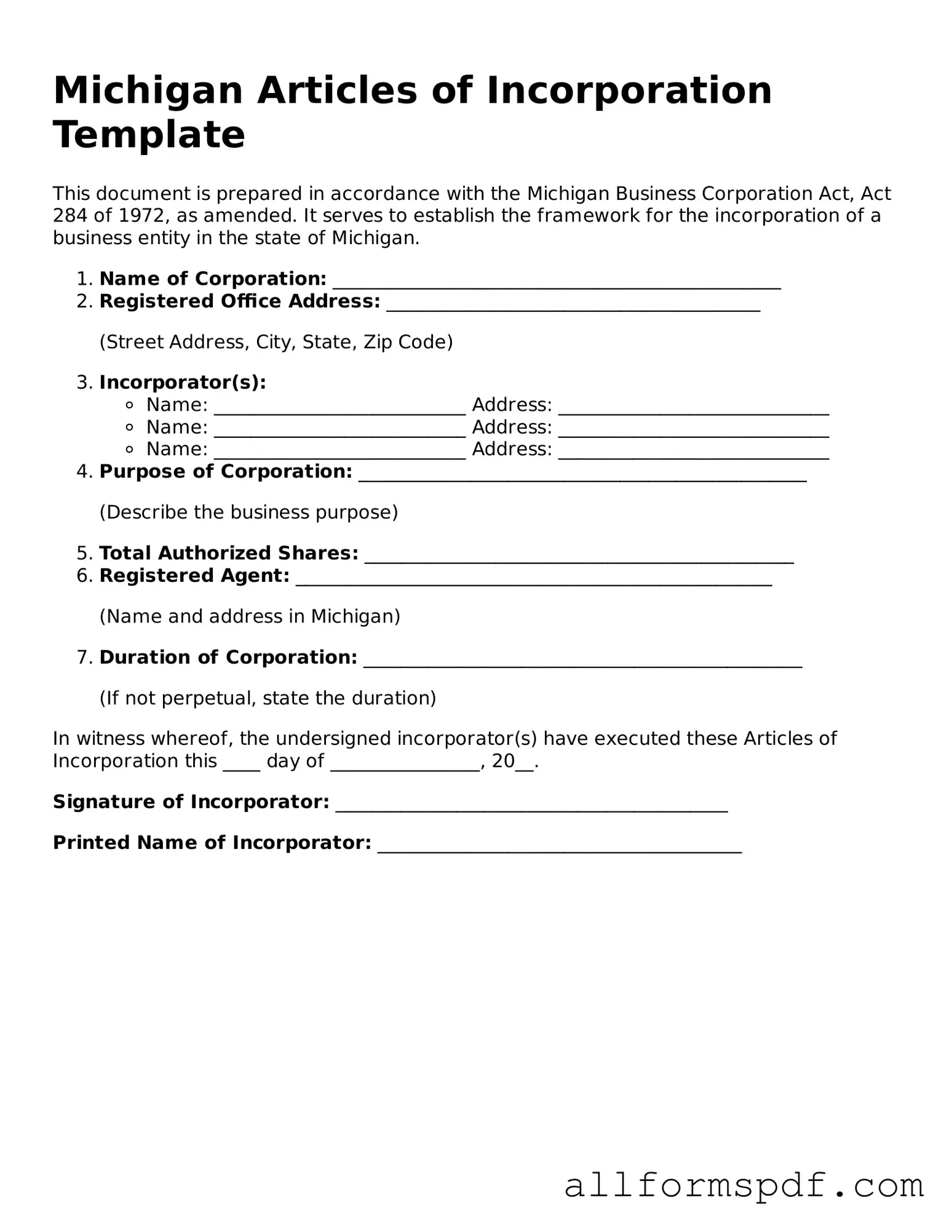 Fillable Articles of Incorporation Form for Michigan