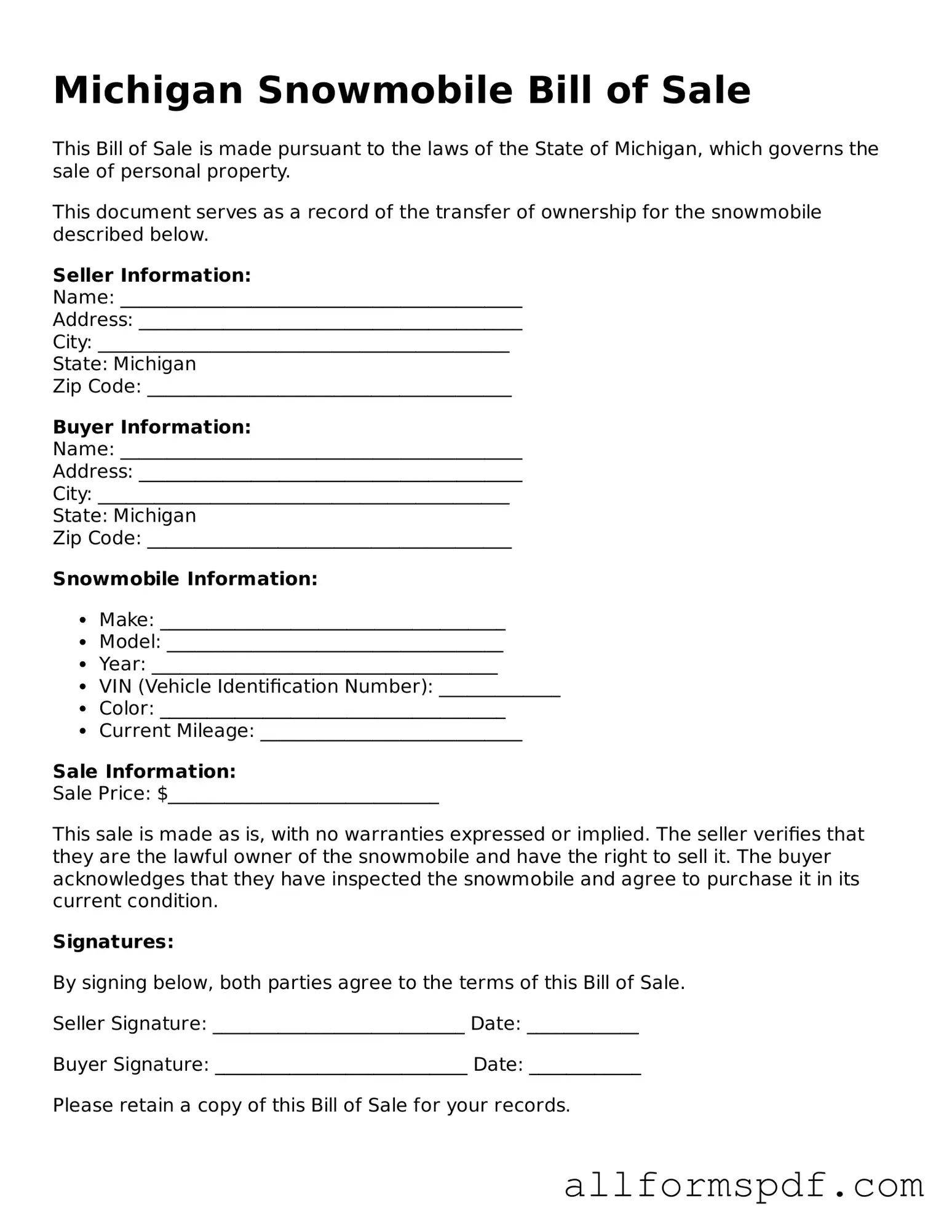 Fillable  Snowmobile Bill of Sale Form for Michigan