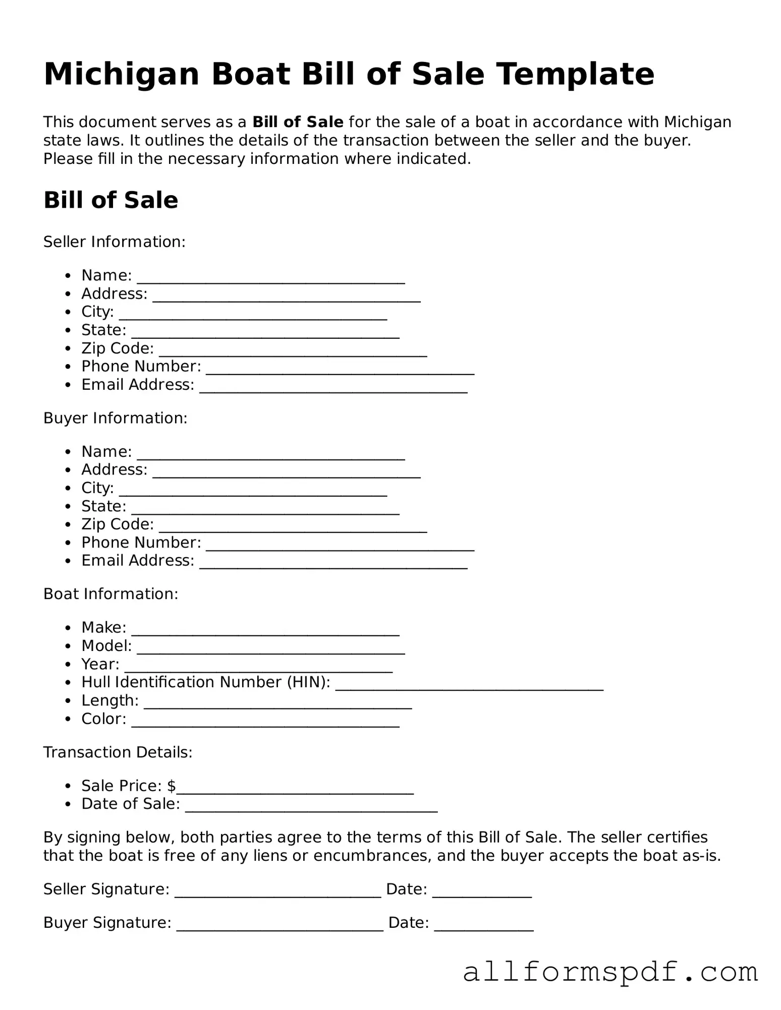 Fillable Boat Bill of Sale Form for Michigan