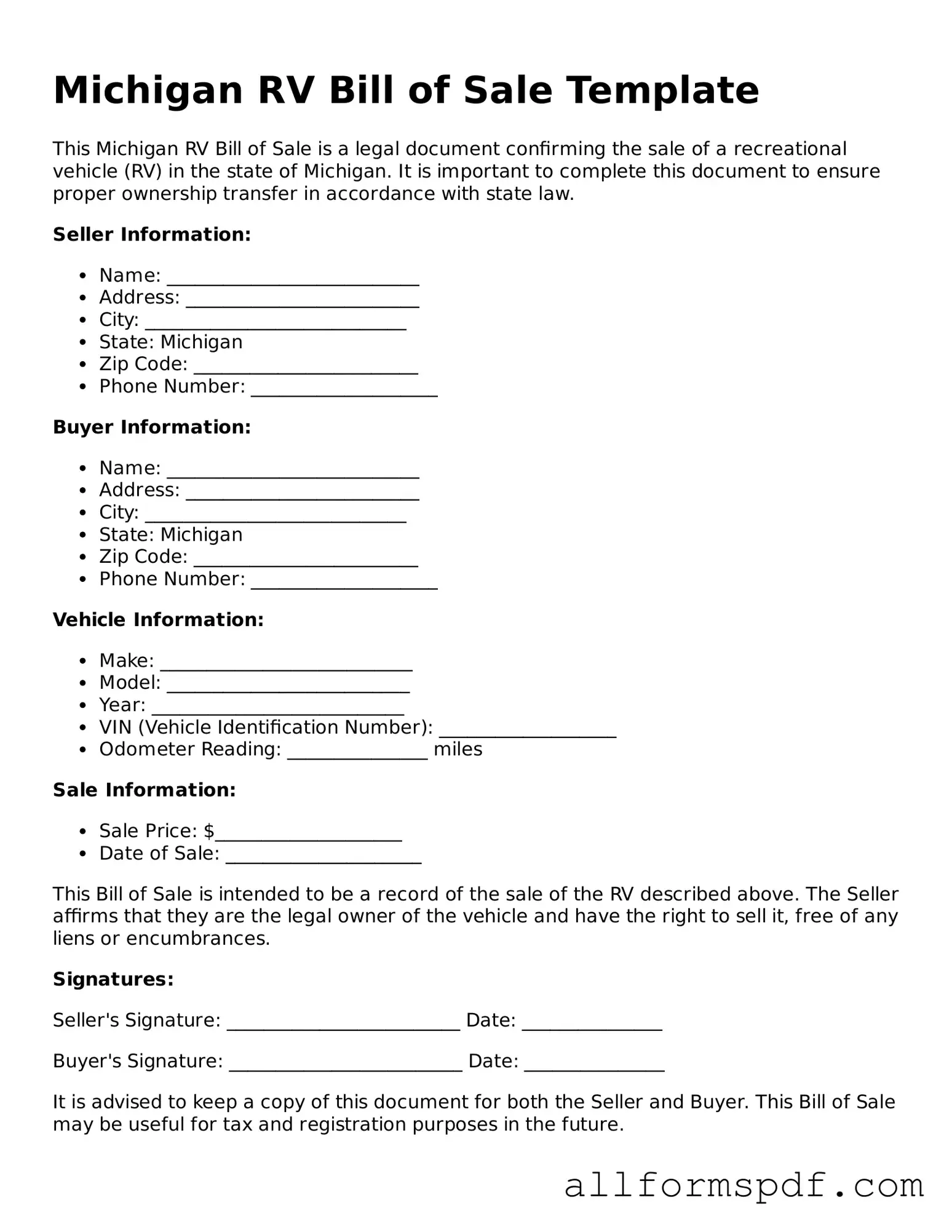 Fillable  RV Bill of Sale Form for Michigan