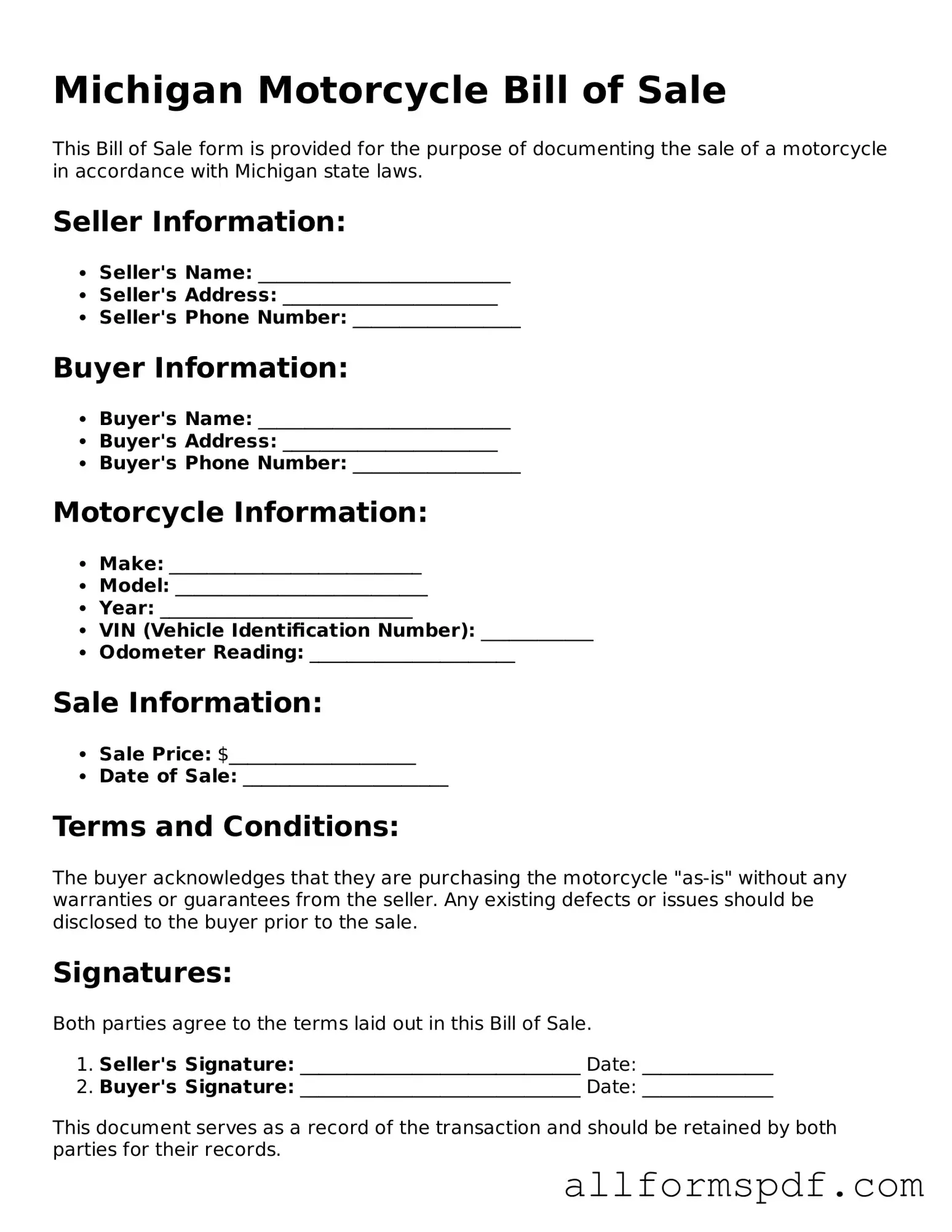 Fillable  Motorcycle Bill of Sale Form for Michigan