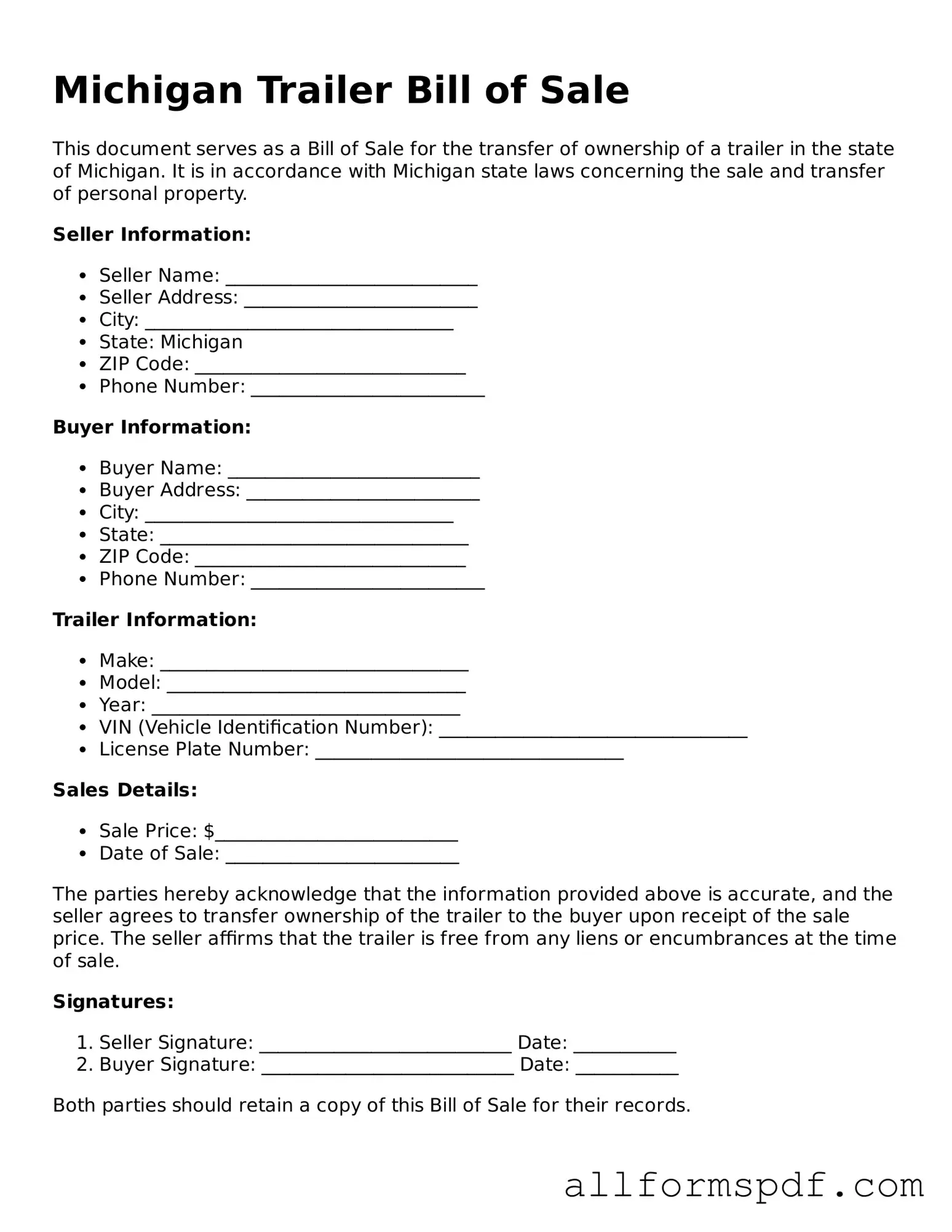 Fillable Trailer Bill of Sale Form for Michigan