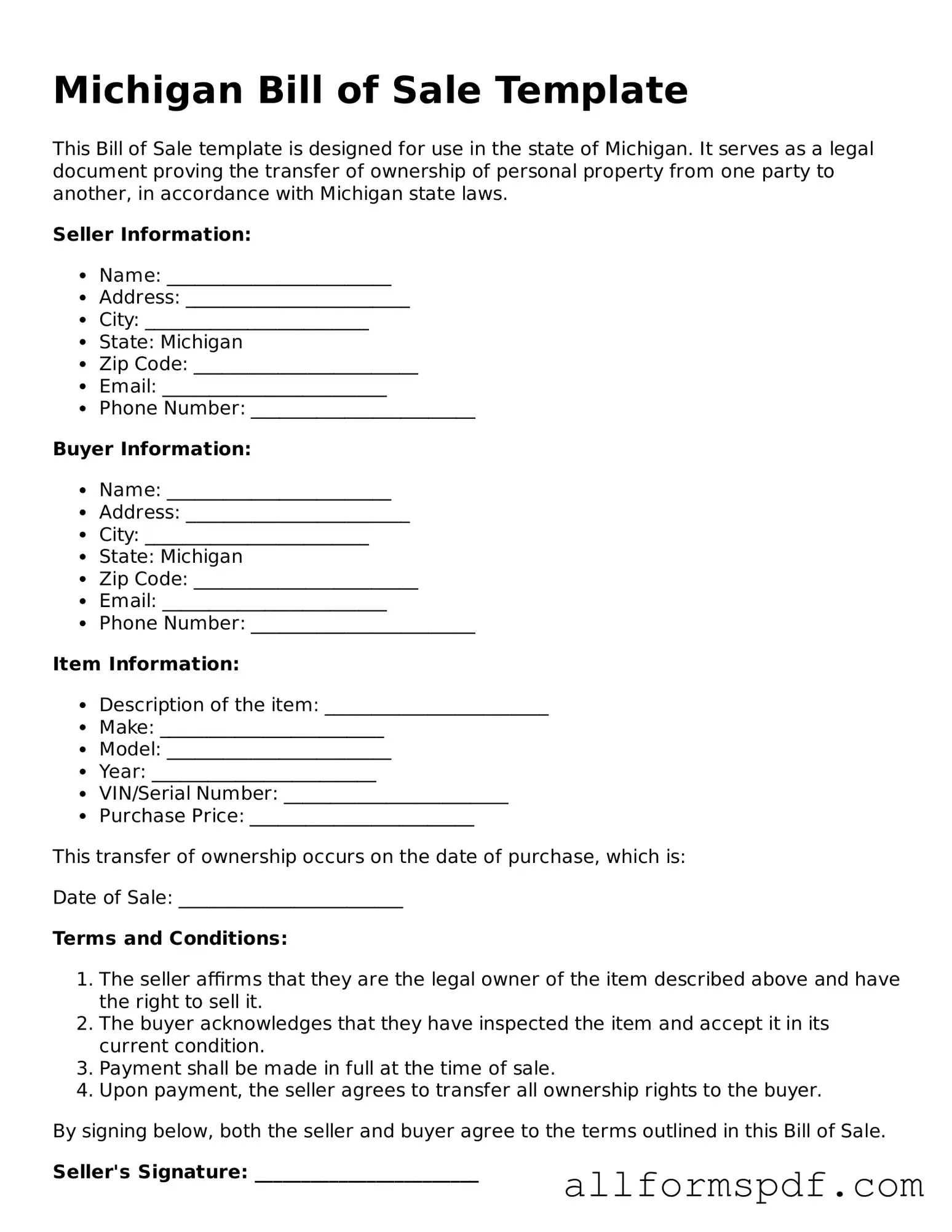 Fillable  Bill of Sale Form for Michigan