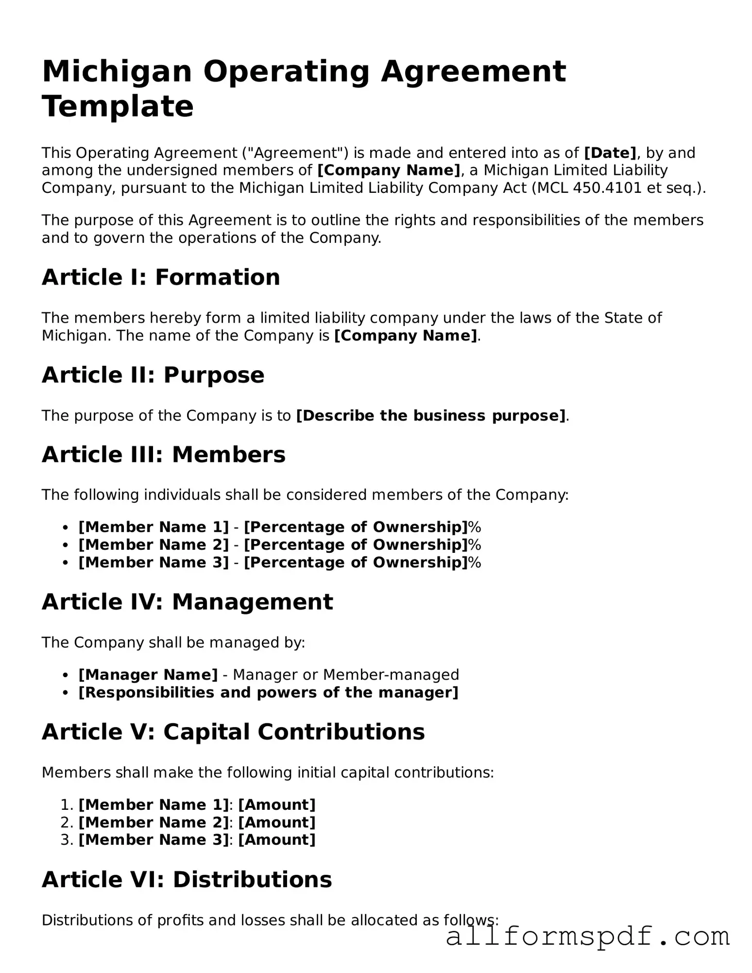 Fillable  Operating Agreement Form for Michigan