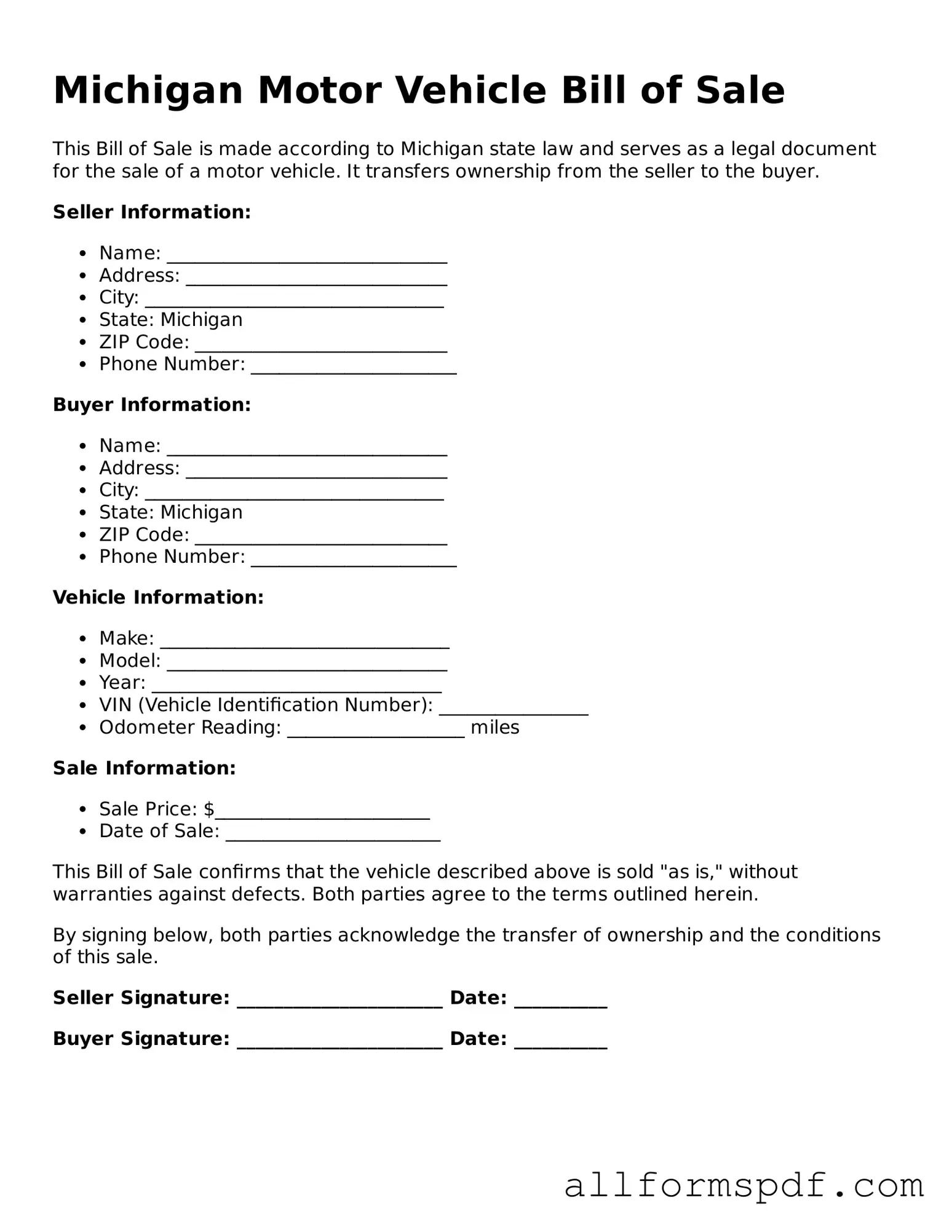 Fillable  Motor Vehicle Bill of Sale Form for Michigan