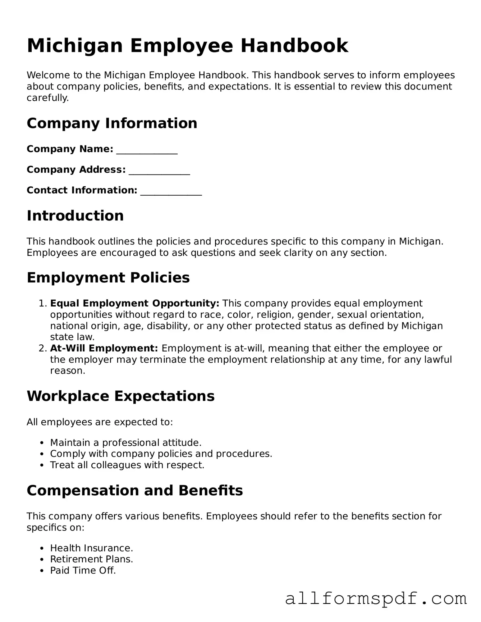 Fillable  Employee Handbook Form for Michigan
