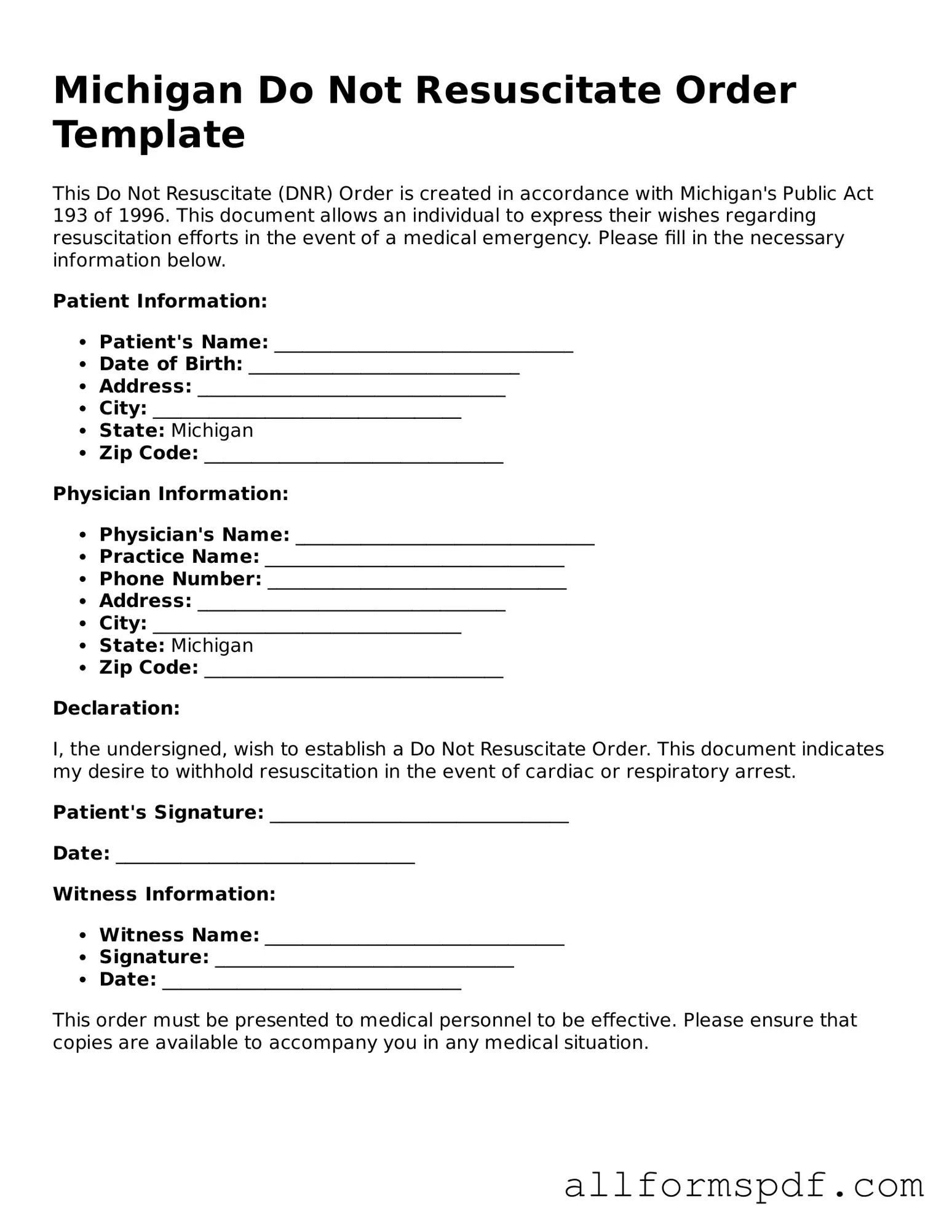 Fillable Do Not Resuscitate Order Form for Michigan