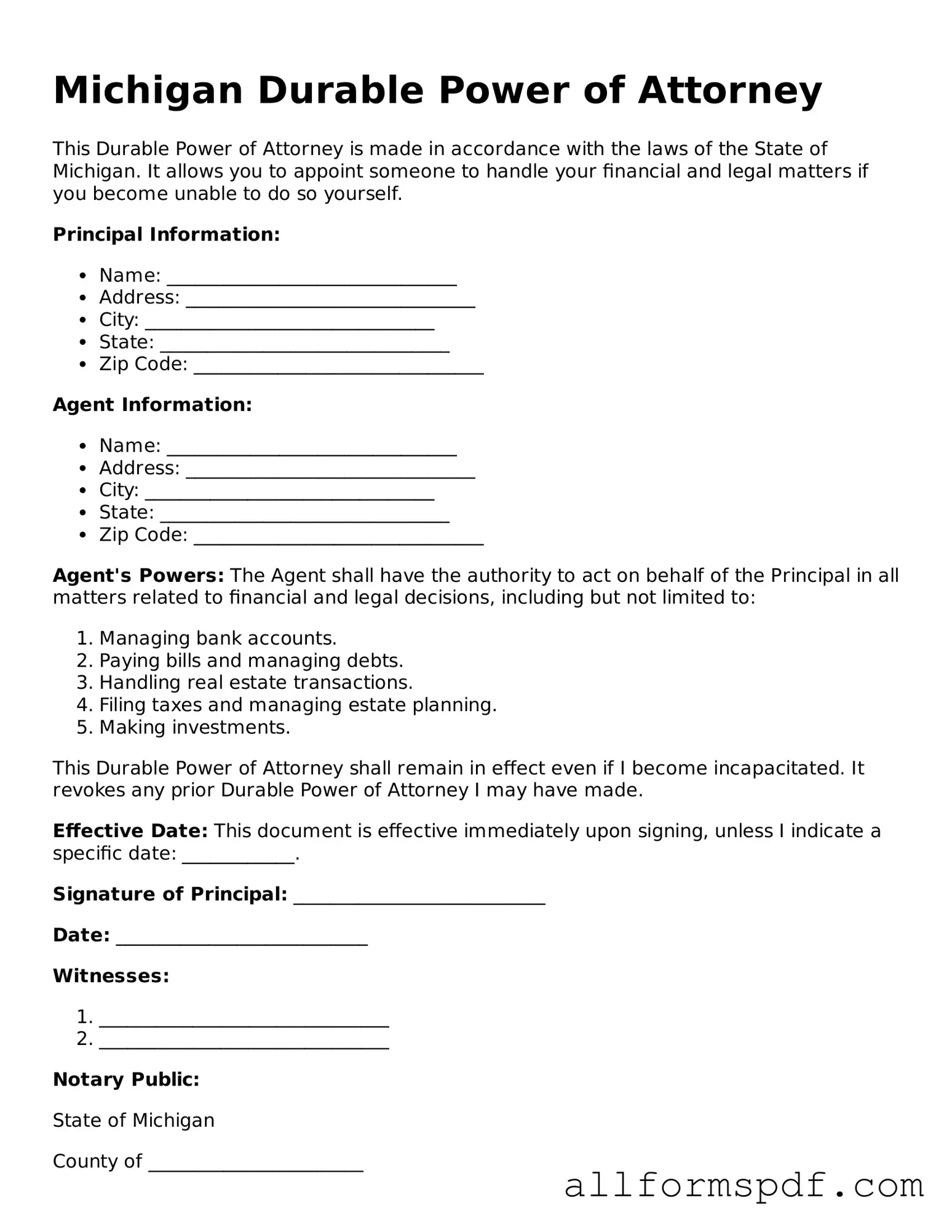 Fillable  Durable Power of Attorney Form for Michigan