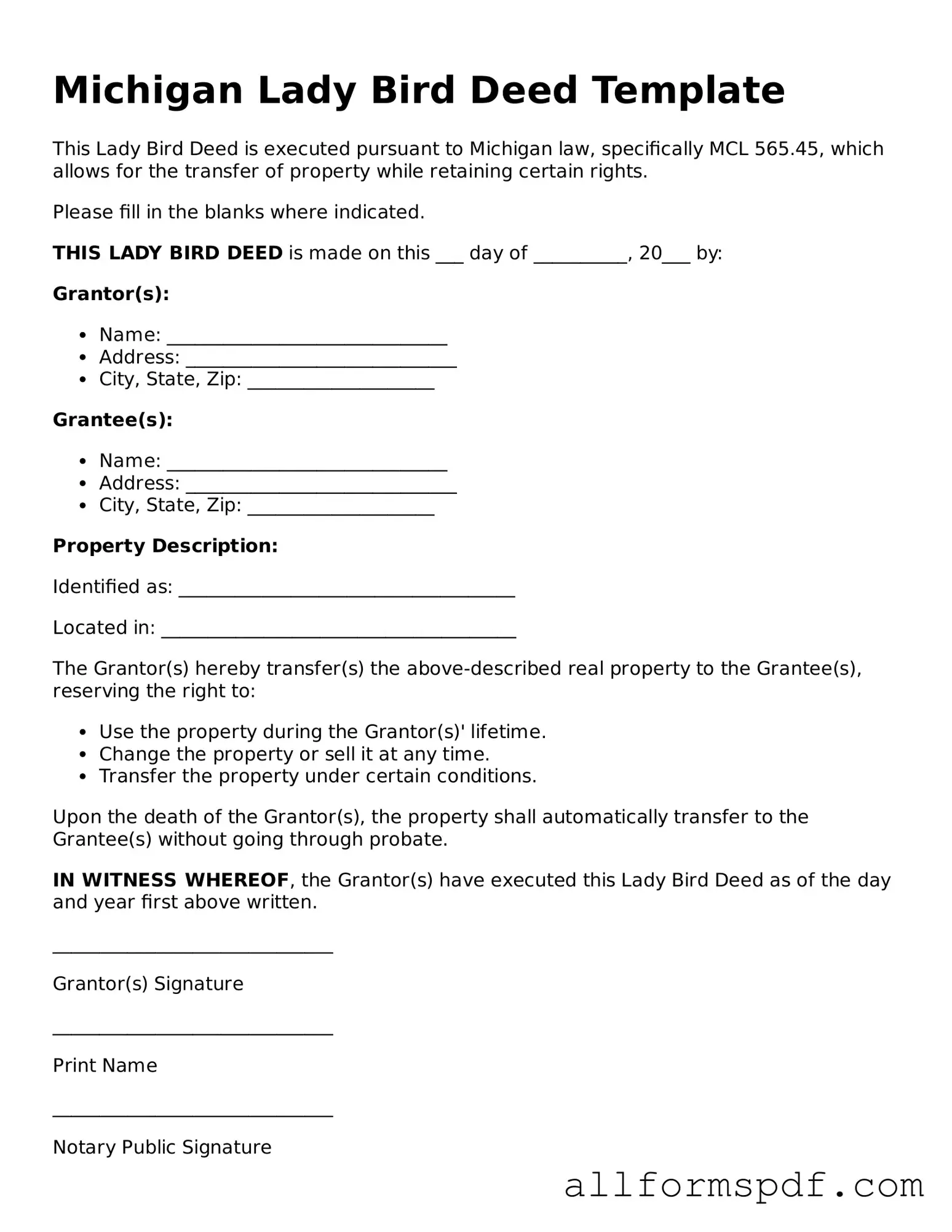 Fillable  Lady Bird Deed Form for Michigan