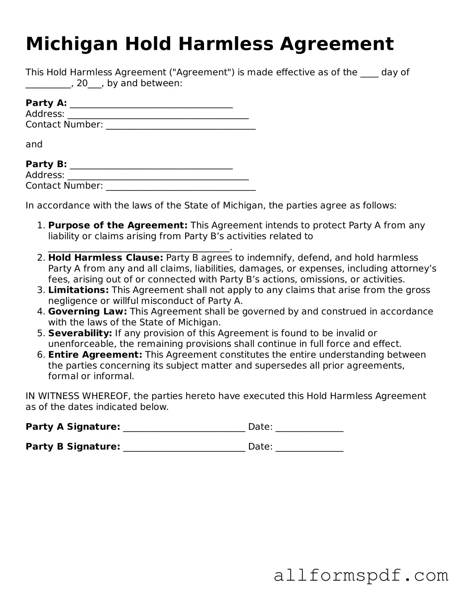 Fillable  Hold Harmless Agreement Form for Michigan