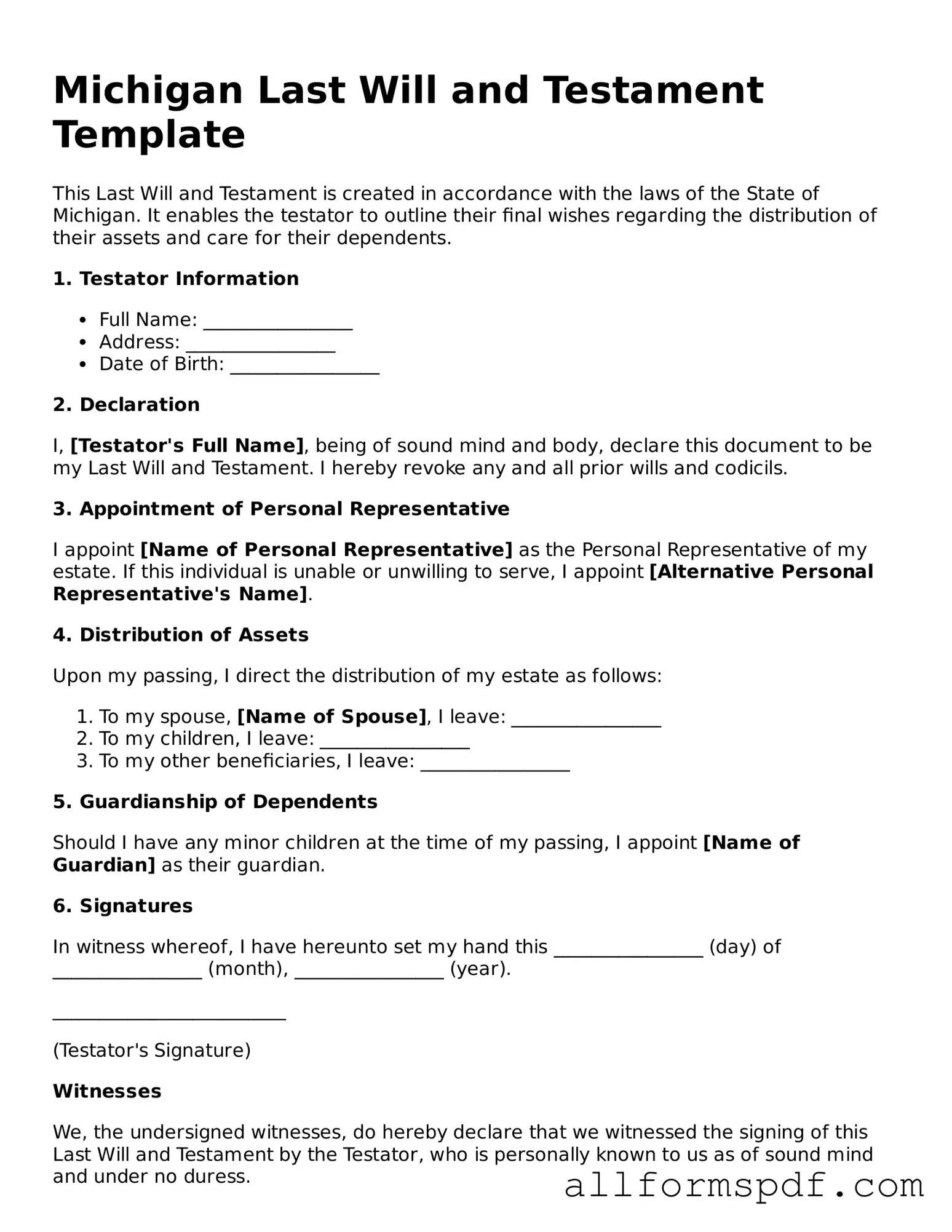 Fillable Last Will and Testament Form for Michigan