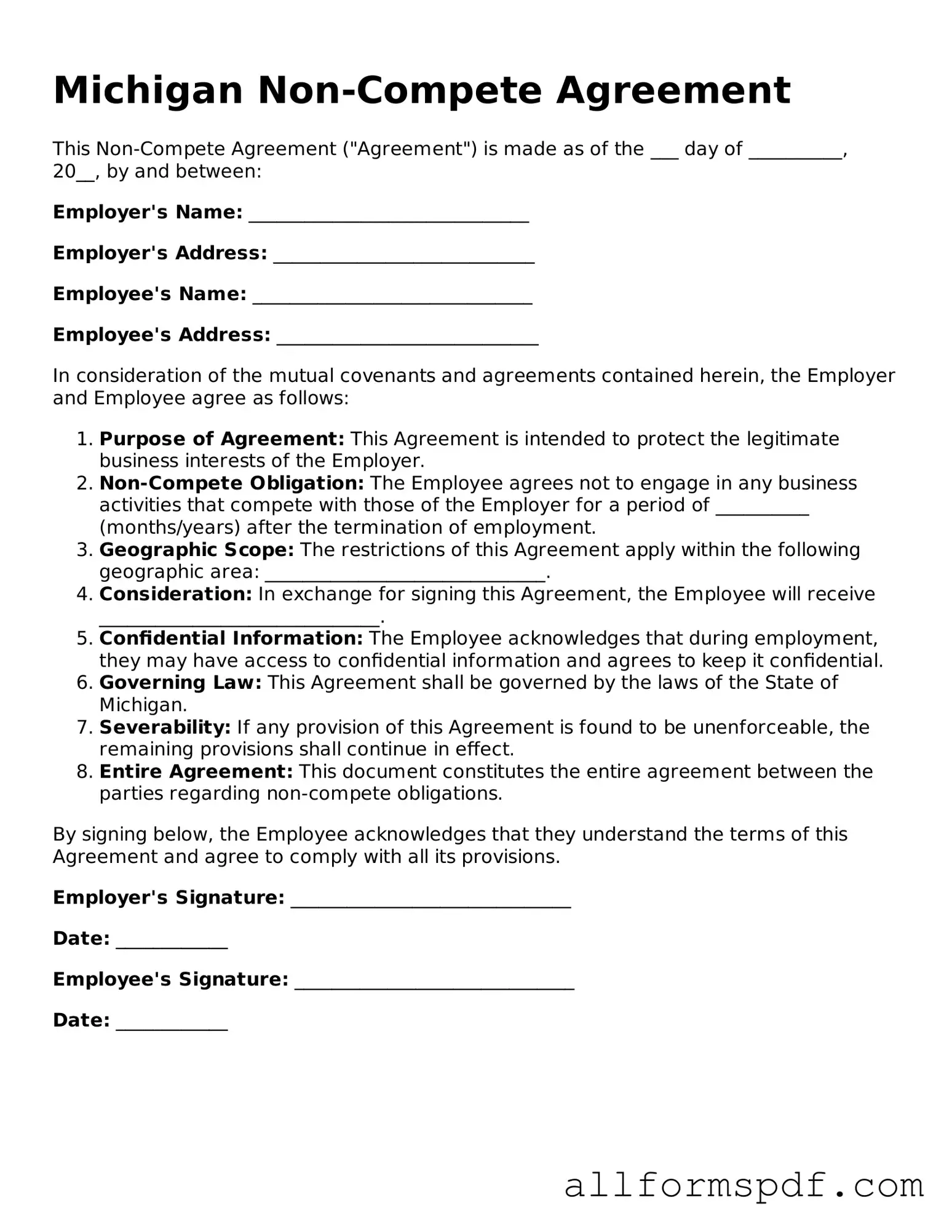 Fillable  Non-compete Agreement Form for Michigan
