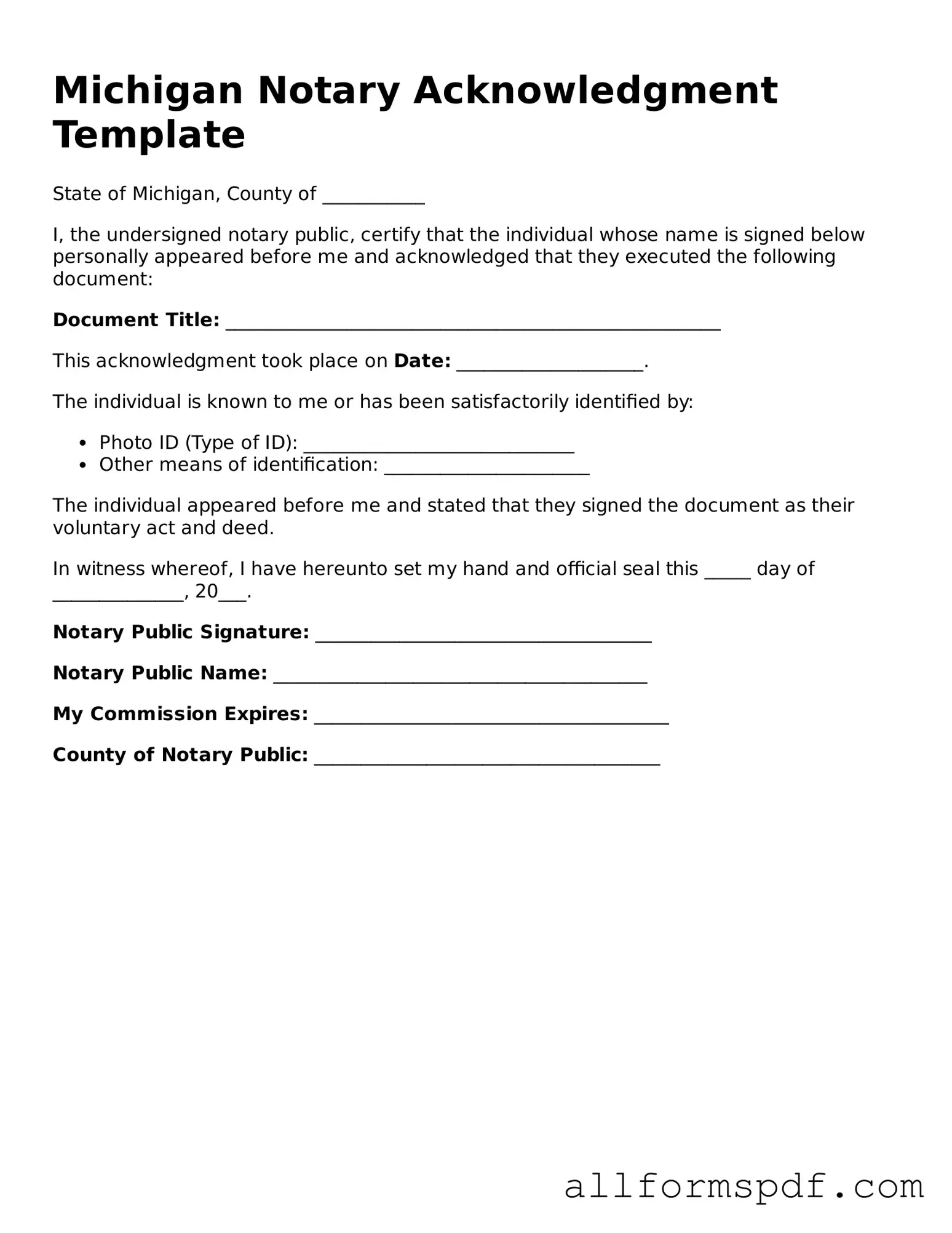 Fillable  Notary Acknowledgement Form for Michigan
