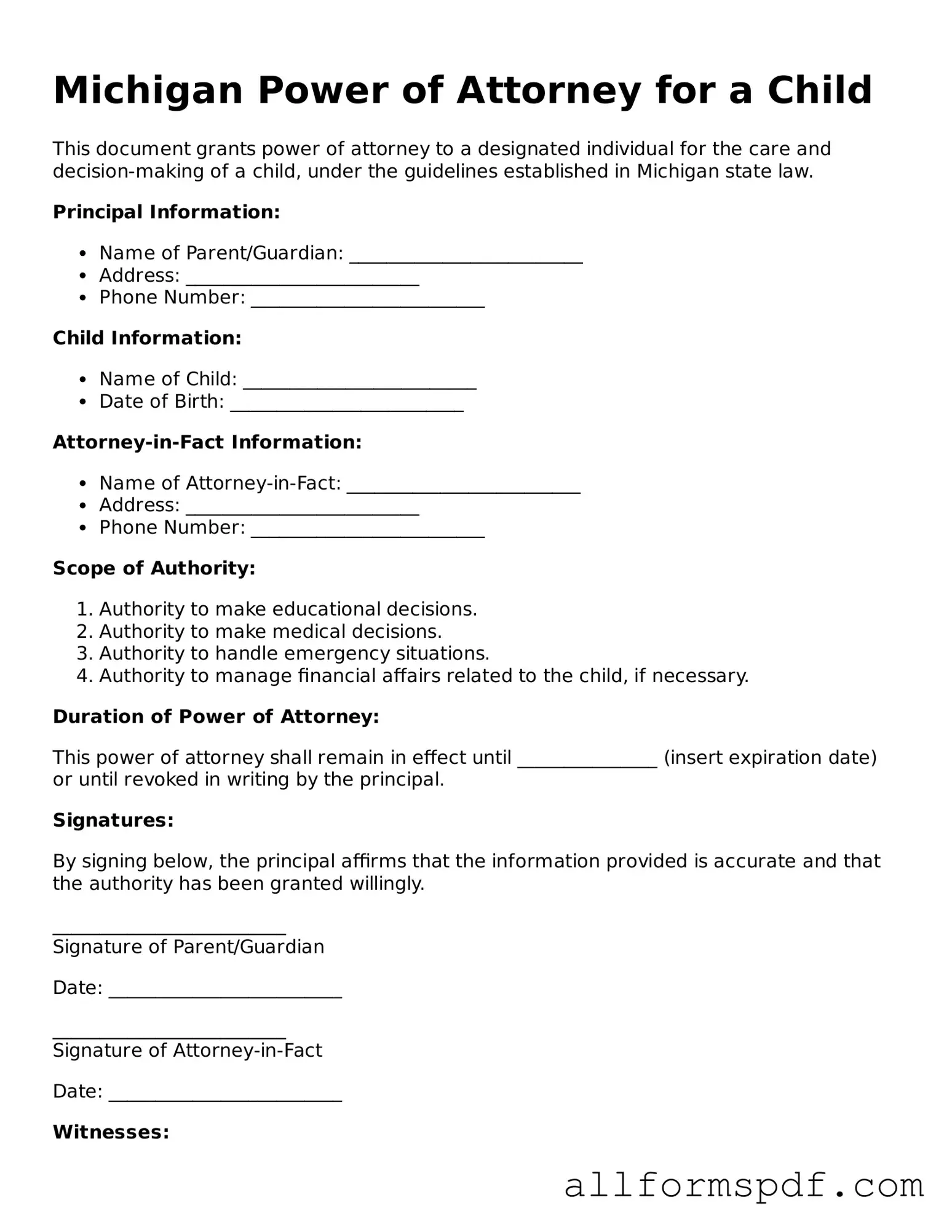 Fillable  Power of Attorney for a Child Form for Michigan