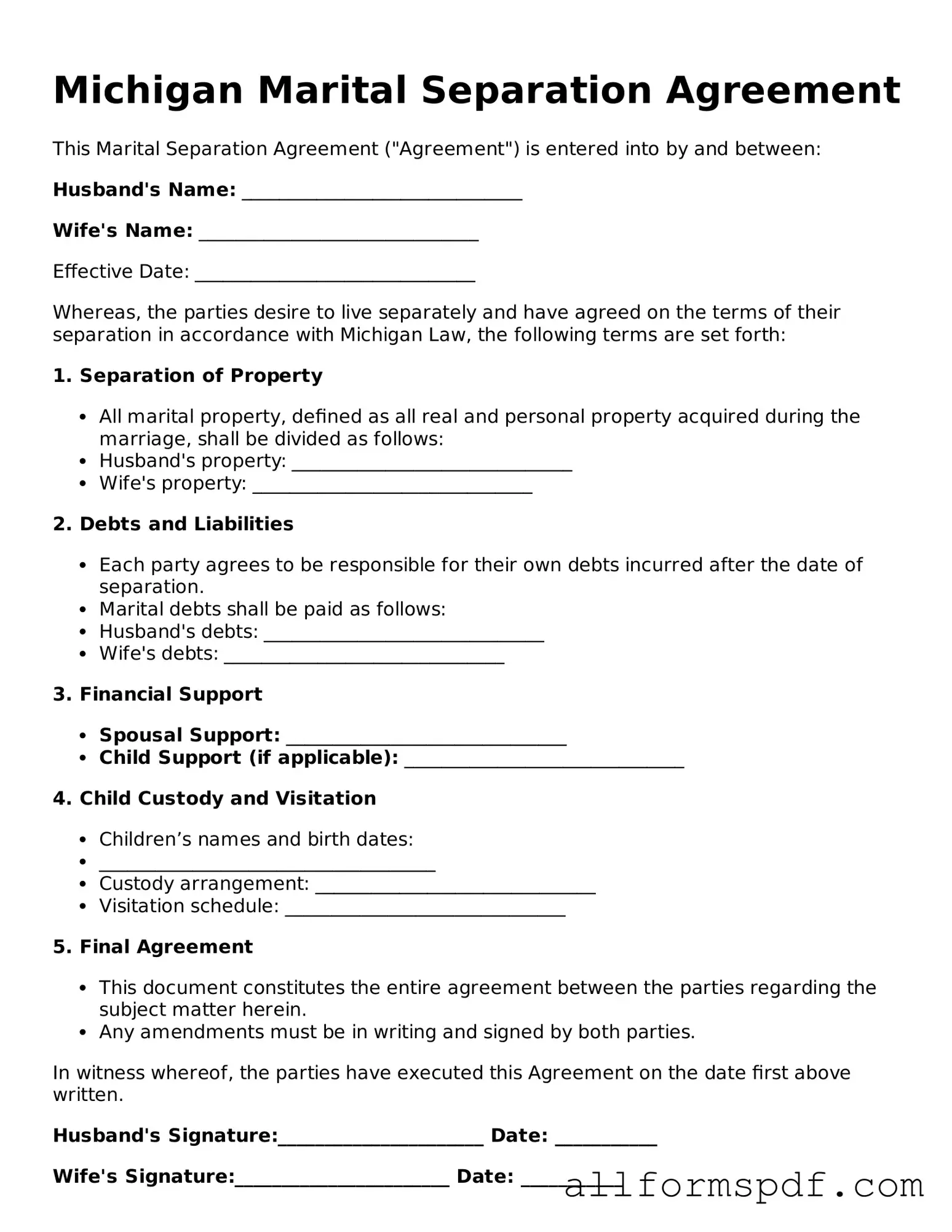 Fillable Marital Separation Agreement Form for Michigan