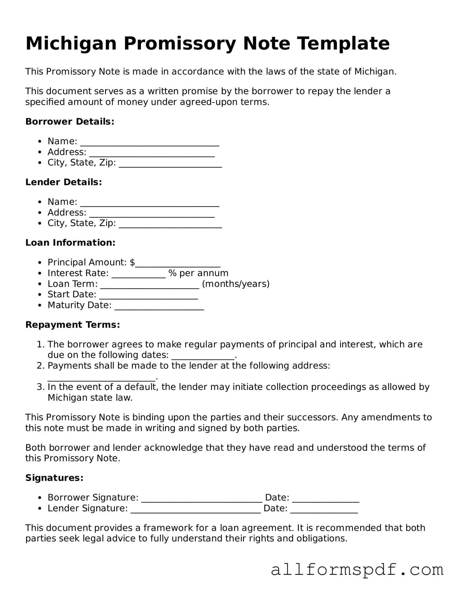 Fillable Promissory Note Form for Michigan