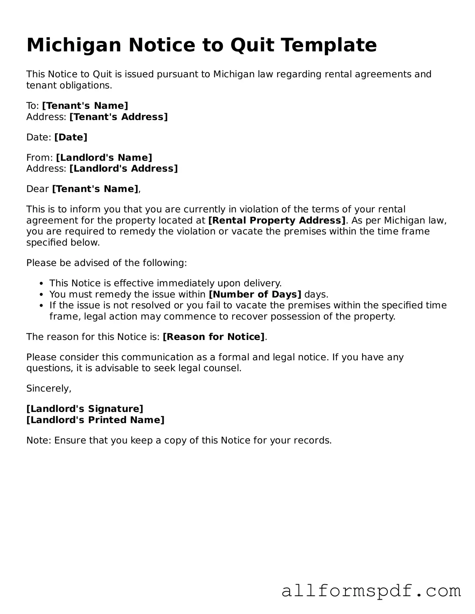 Fillable  Notice to Quit Form for Michigan