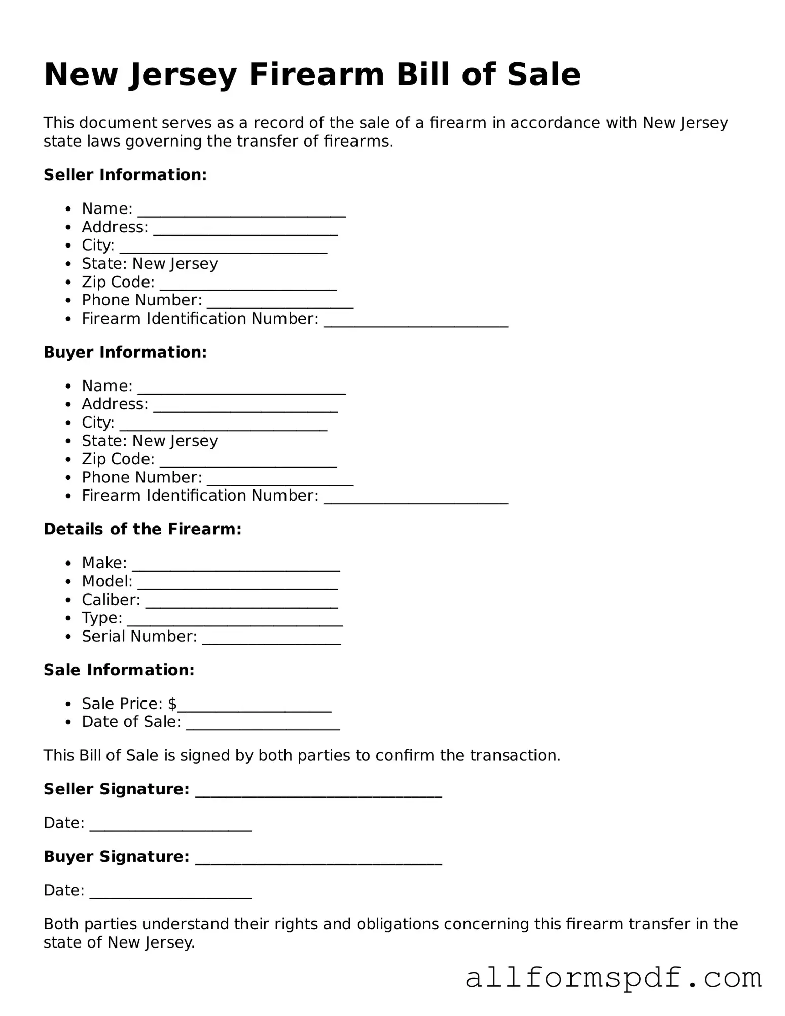 Fillable  Firearm Bill of Sale Form for New Jersey