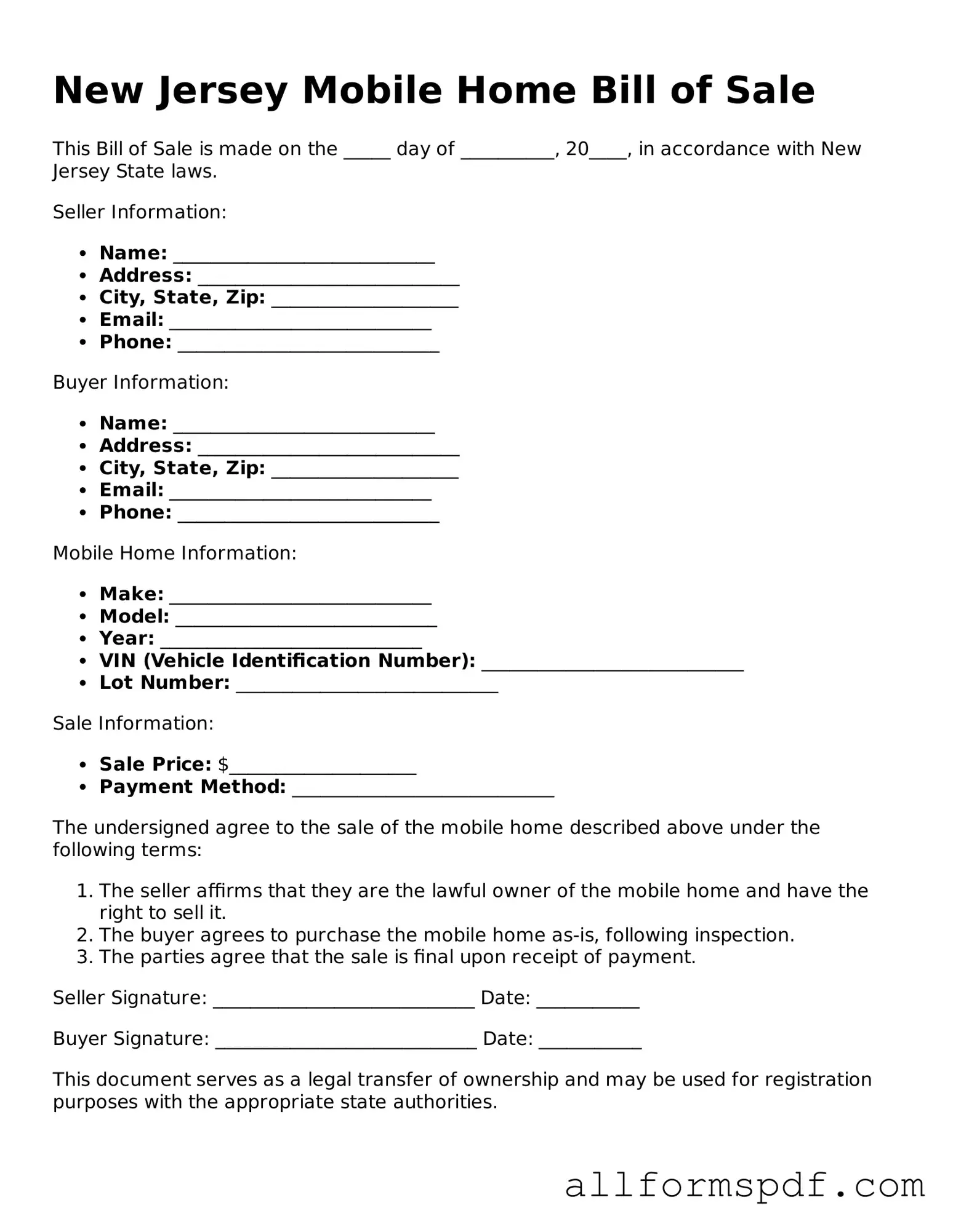 Fillable Mobile Home Bill of Sale Form for New Jersey