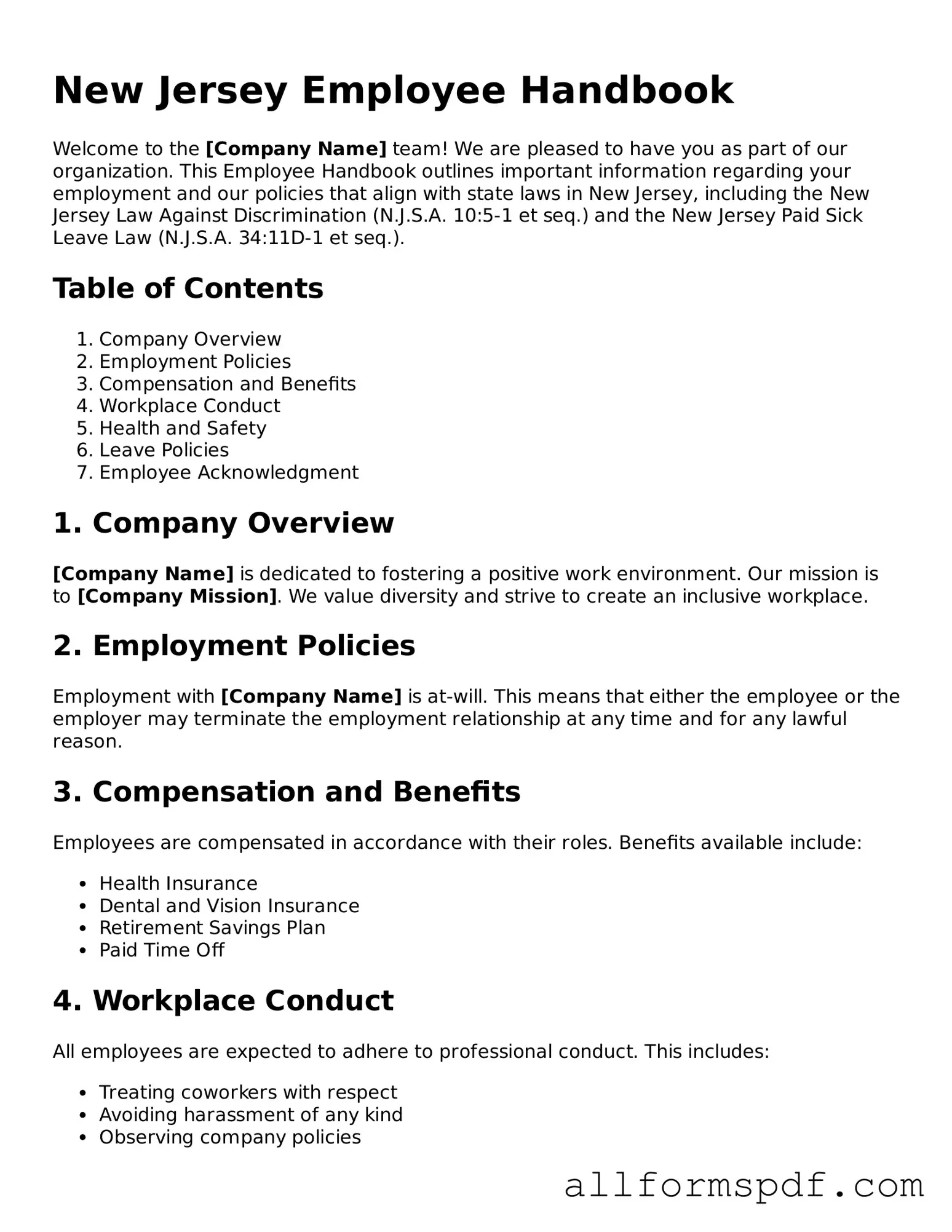 Fillable  Employee Handbook Form for New Jersey