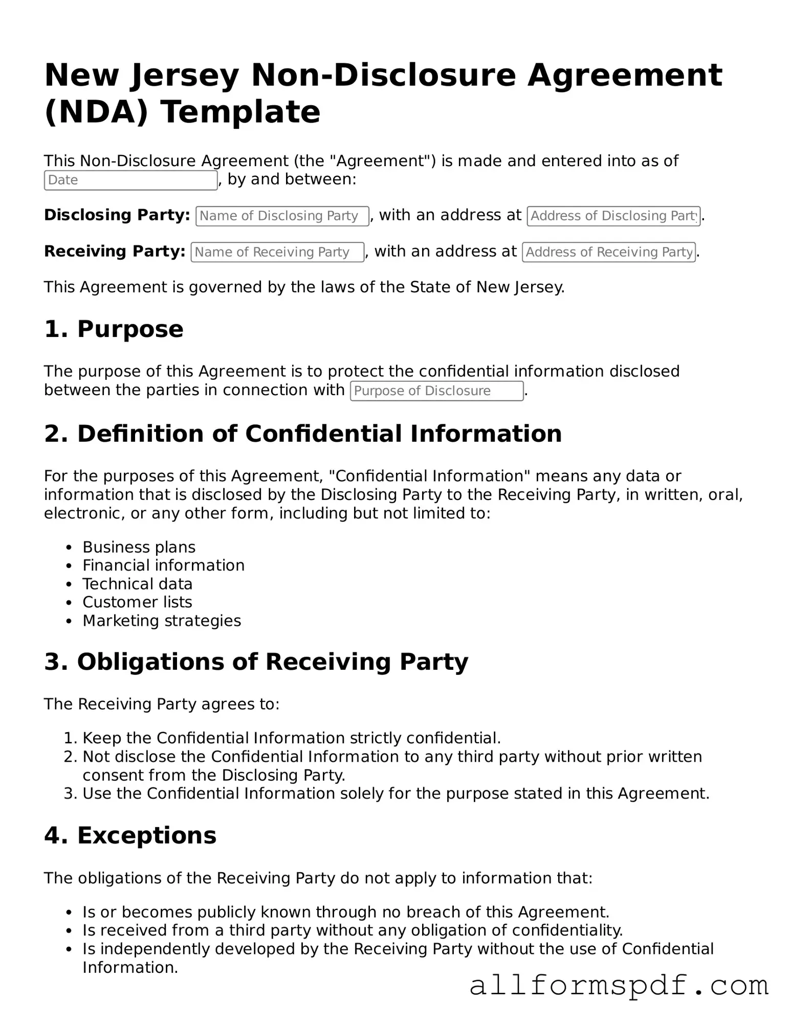 Fillable Non-disclosure Agreement Form for New Jersey