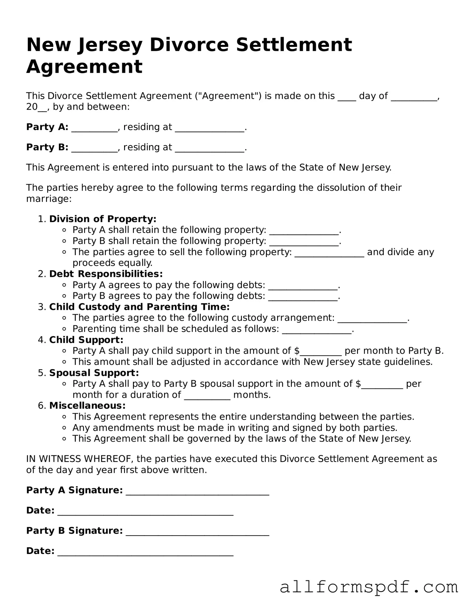 Fillable  Divorce Settlement Agreement Form for New Jersey