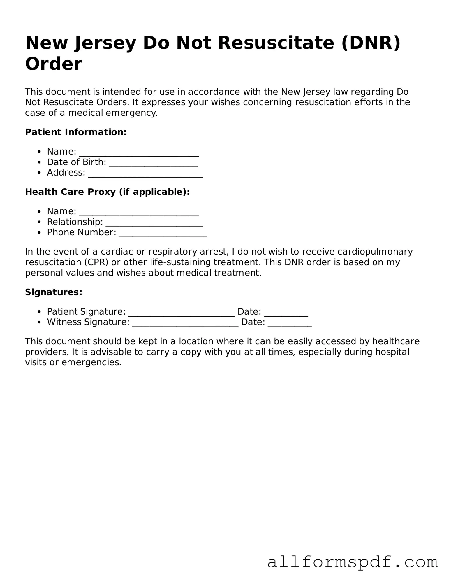 Fillable  Do Not Resuscitate Order Form for New Jersey