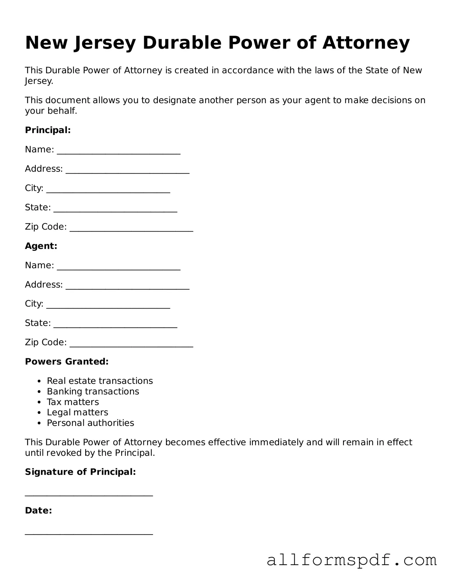 Fillable  Durable Power of Attorney Form for New Jersey