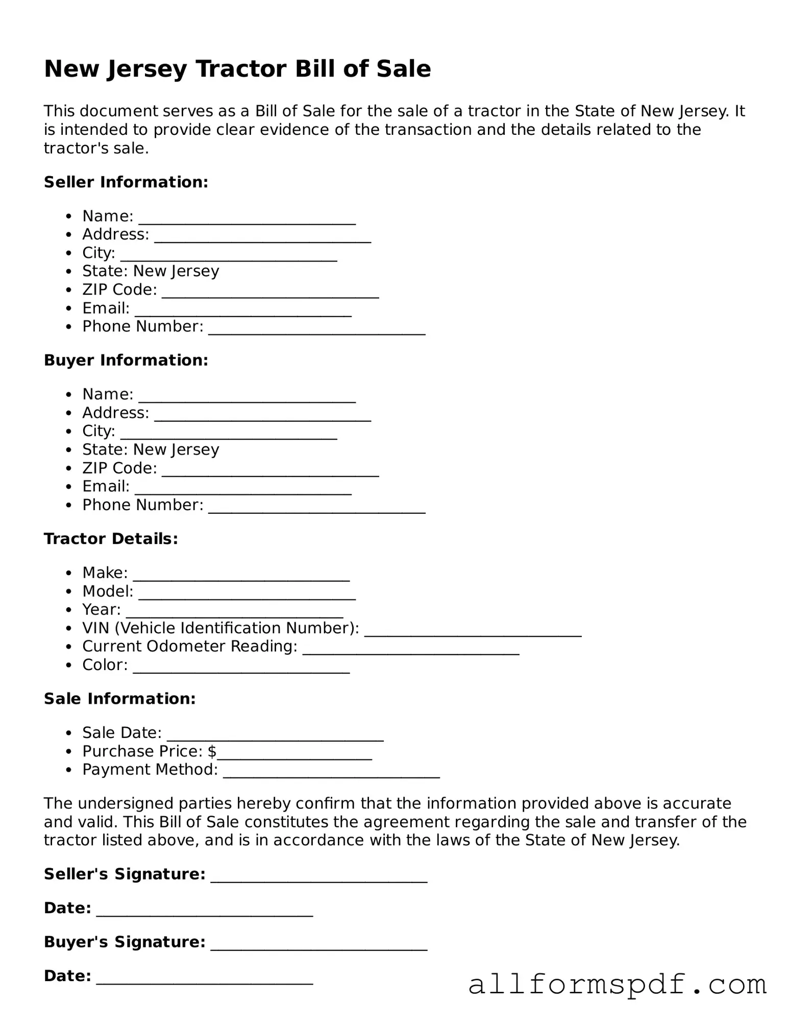 Fillable  Tractor Bill of Sale Form for New Jersey