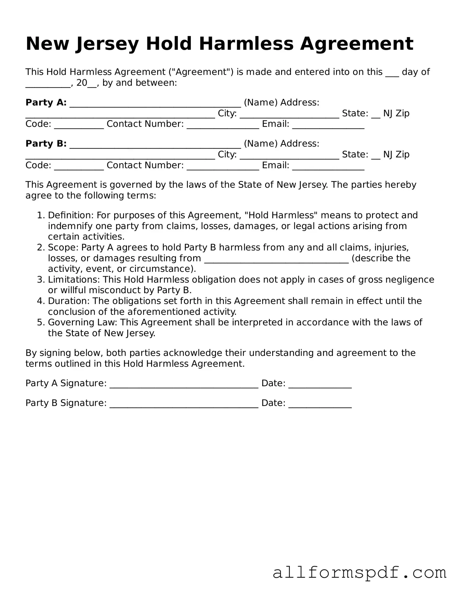 Fillable Hold Harmless Agreement Form for New Jersey