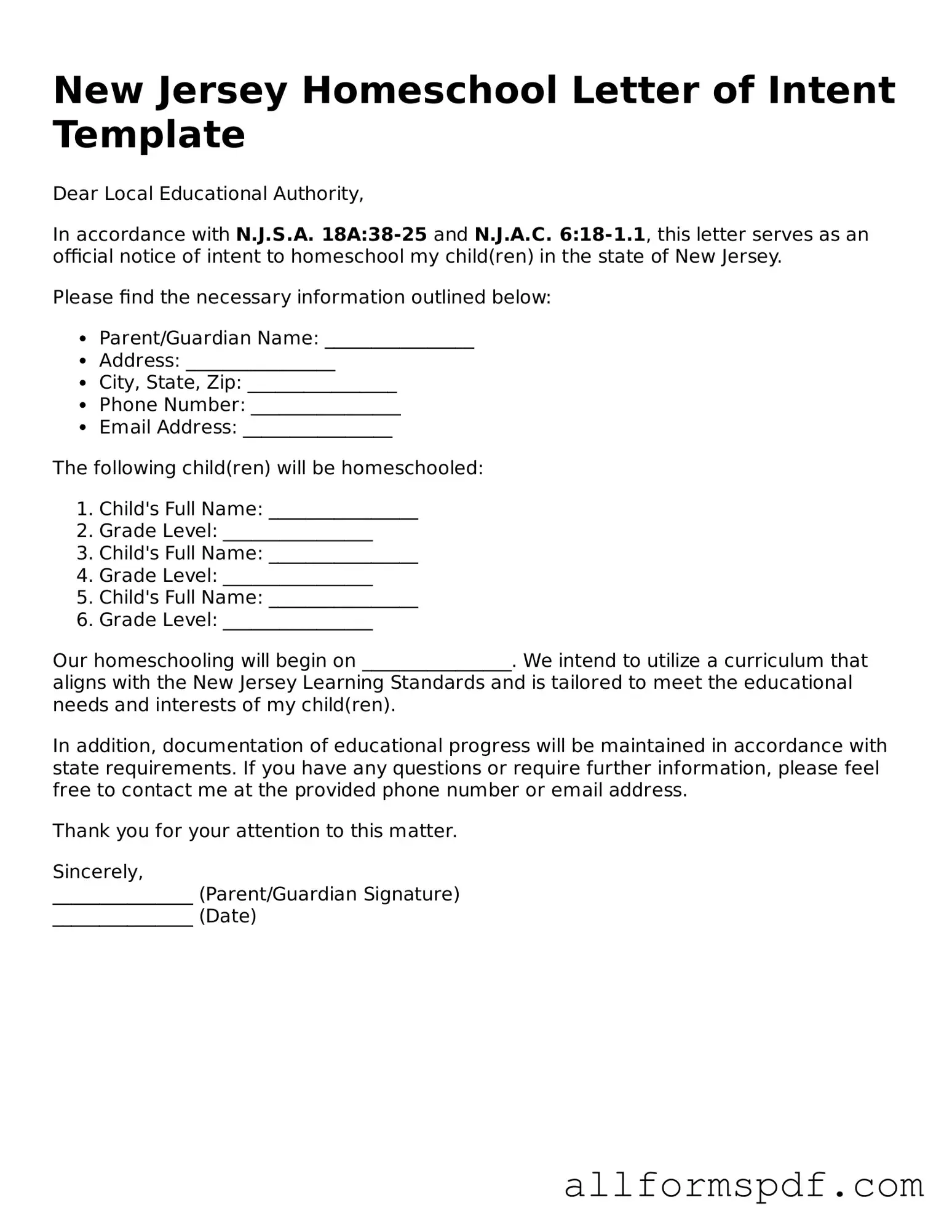 Fillable  Homeschool Letter of Intent Form for New Jersey