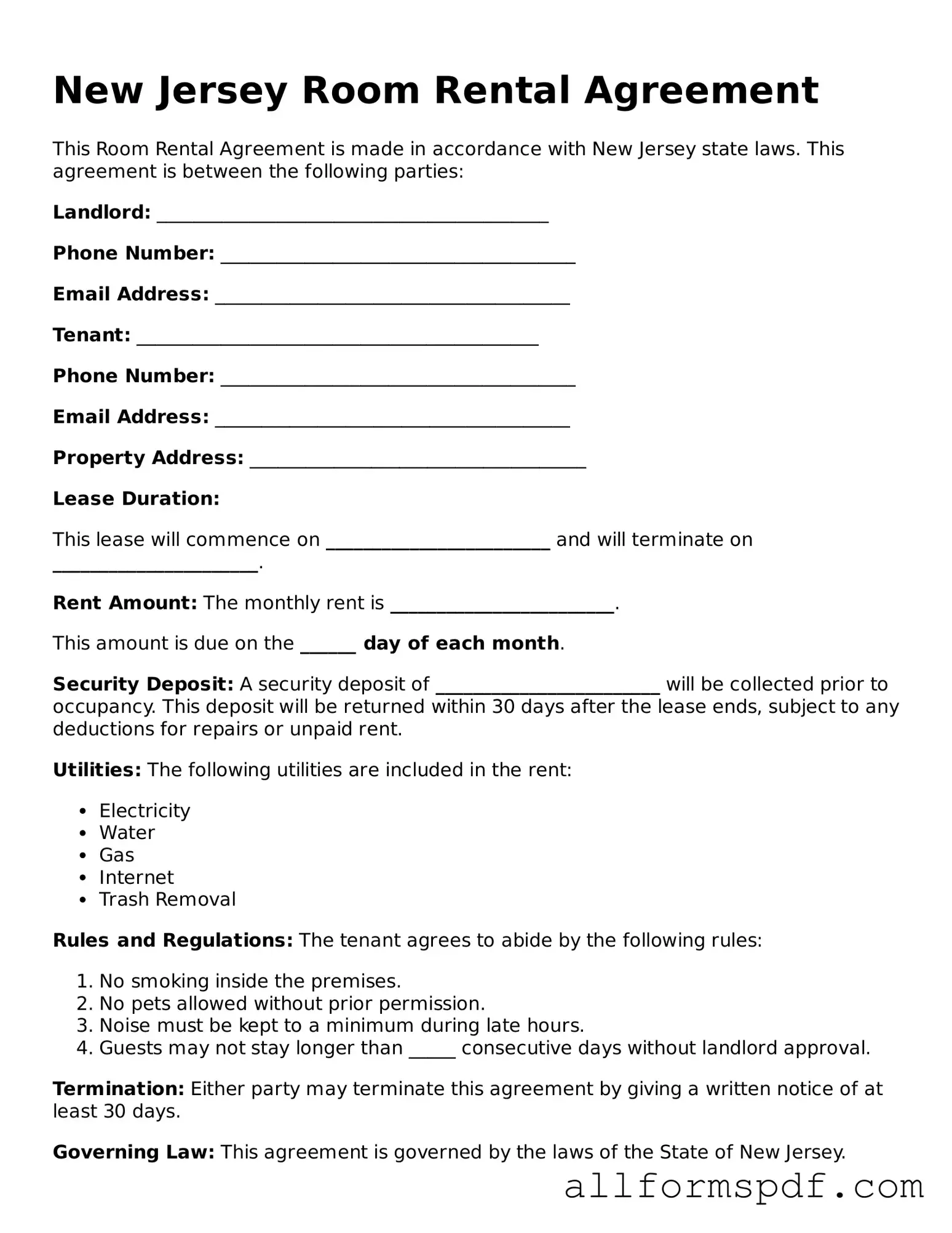 Fillable  Room Rental Agreement Form for New Jersey